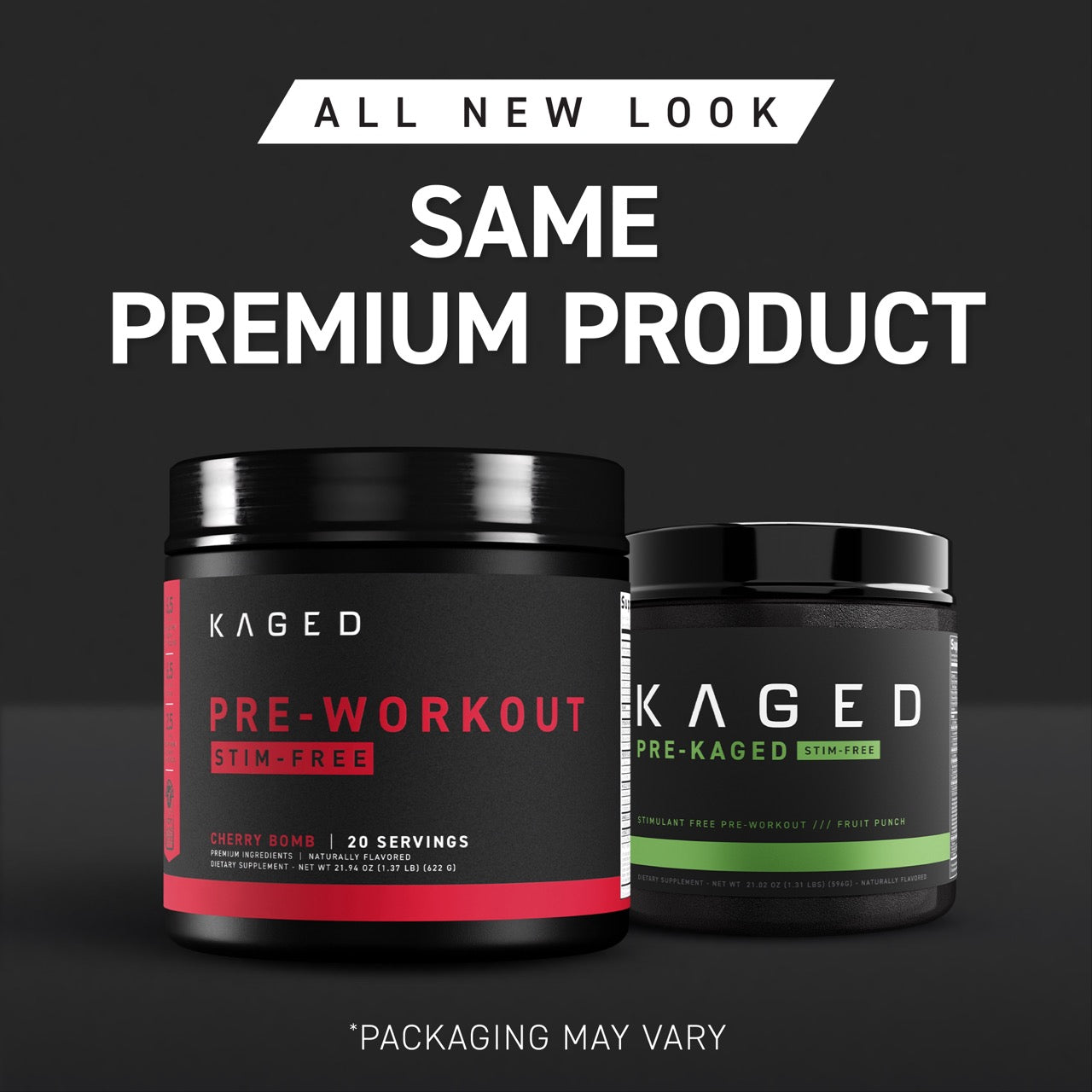 Two Pre-Kaged stim-free pre-workout tubs with new packaging and headline 'Same Premium Product' on dark background
