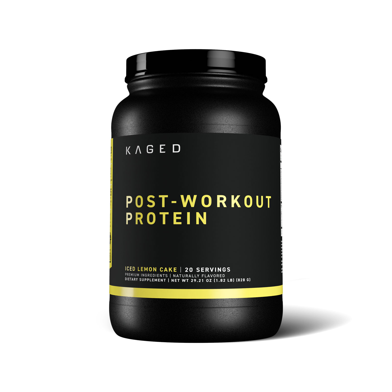 Front view of Re-Kaged Post-Workout Protein tub in Iced Lemon Cake flavor on black background #flavor_iced lemon cake