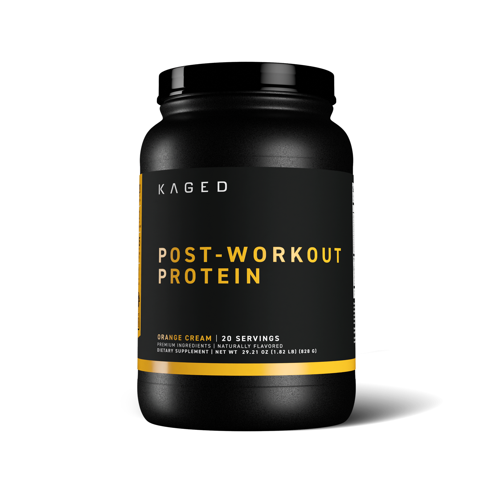 Front view of Re-Kaged post-workout protein tub showing 'POST-WORKOUT PROTEIN' label and Orange Cream flavor on white background #flavor_orange cream