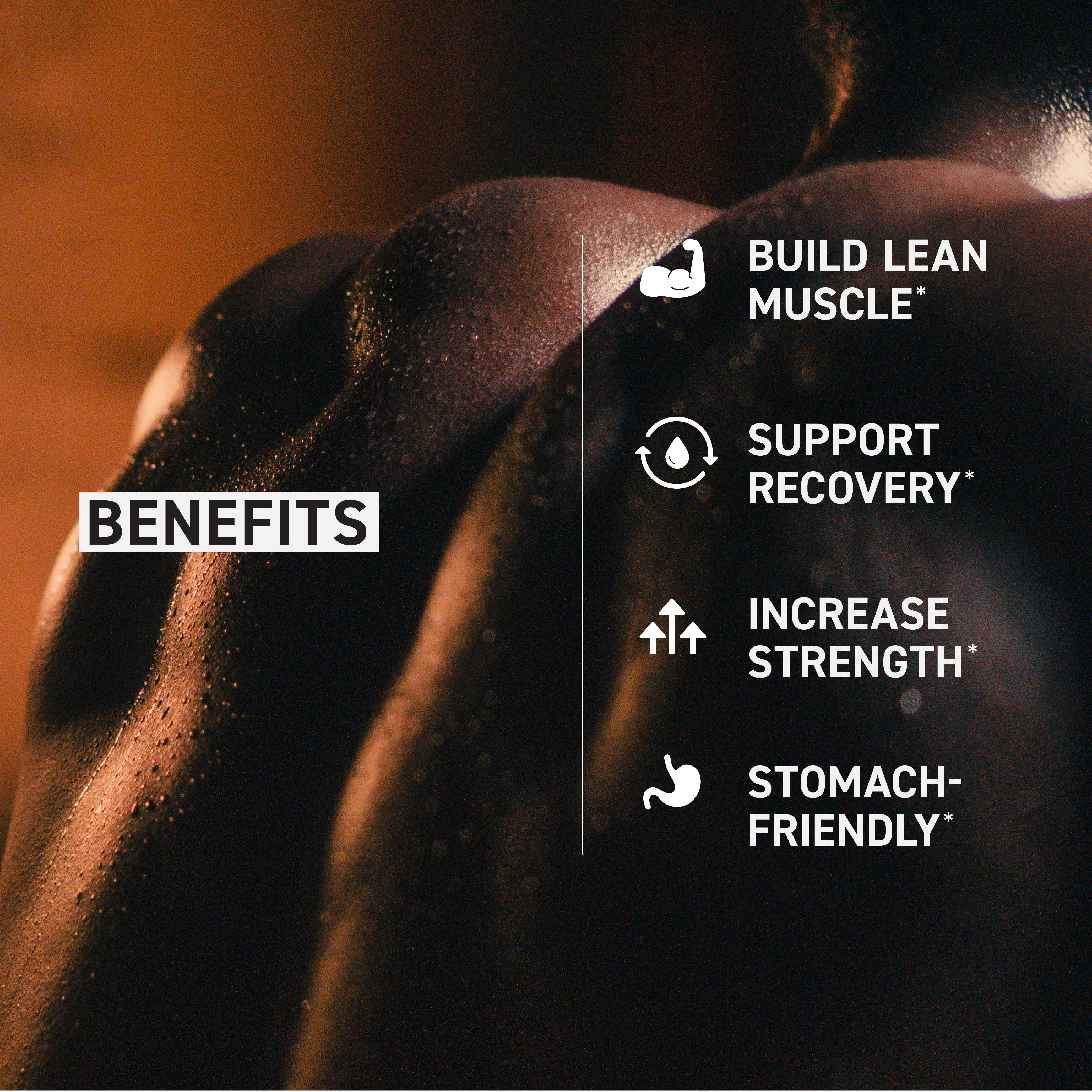 Graphic listing benefits of Re-Kaged protein: build lean muscle, support recovery, increase strength, stomach-friendly