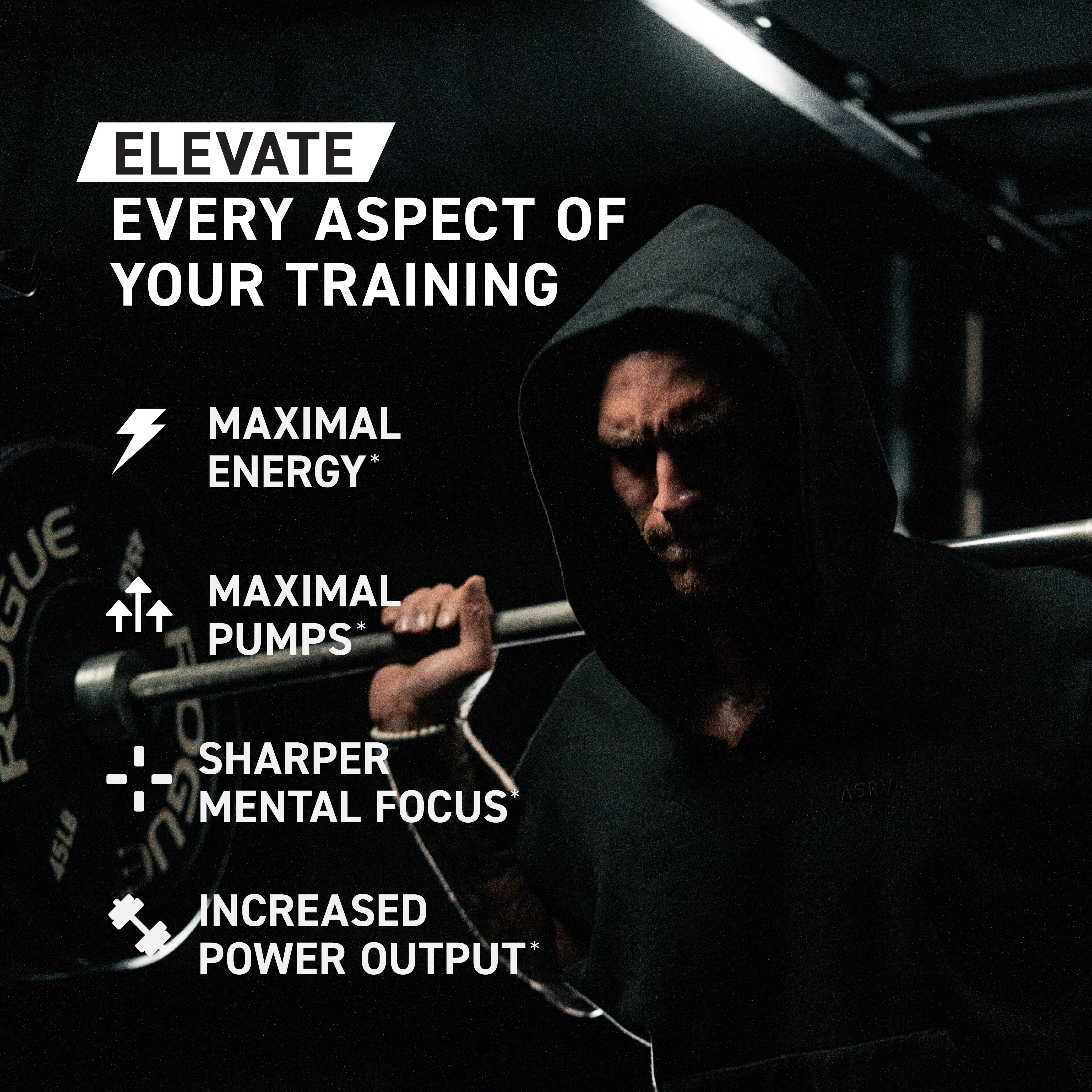 Man squatting barbell in dark gym, overlay 'Elevate every aspect of your training', pre workout benefits: energy, pumps, focus