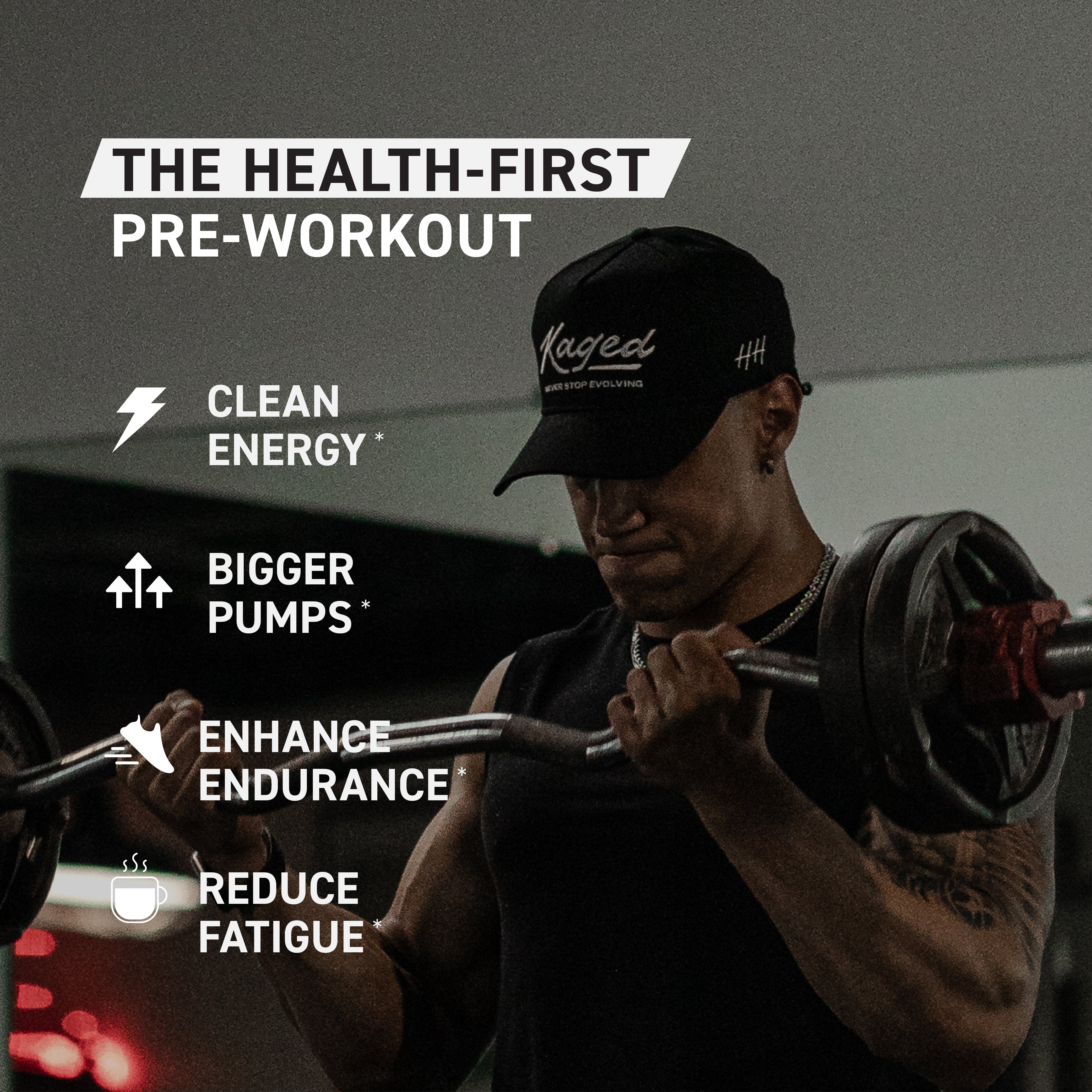 Promo image Health-first pre-workout benefits: clean energy, pumps, endurance, less fatigue, man lifting weights