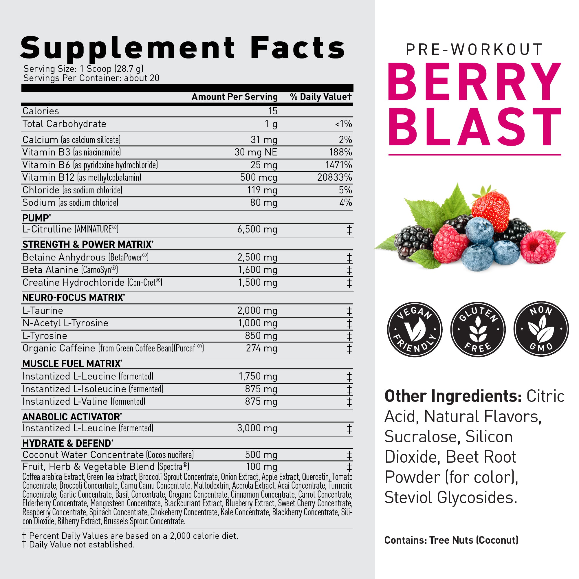 Front label of Pre-Kaged Pre-Workout showing large PRE-WORKOUT BERRY BLAST text, supplement facts panel, and mixed berries #flavor_berry blast