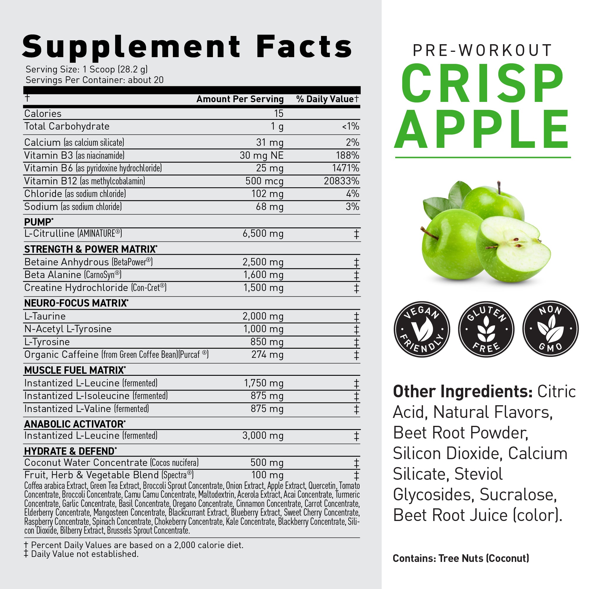 Front label of Pre-Kaged pre workout showing large 'CRISP APPLE' flavor text, green apples, and supplement facts #flavor_crisp apple