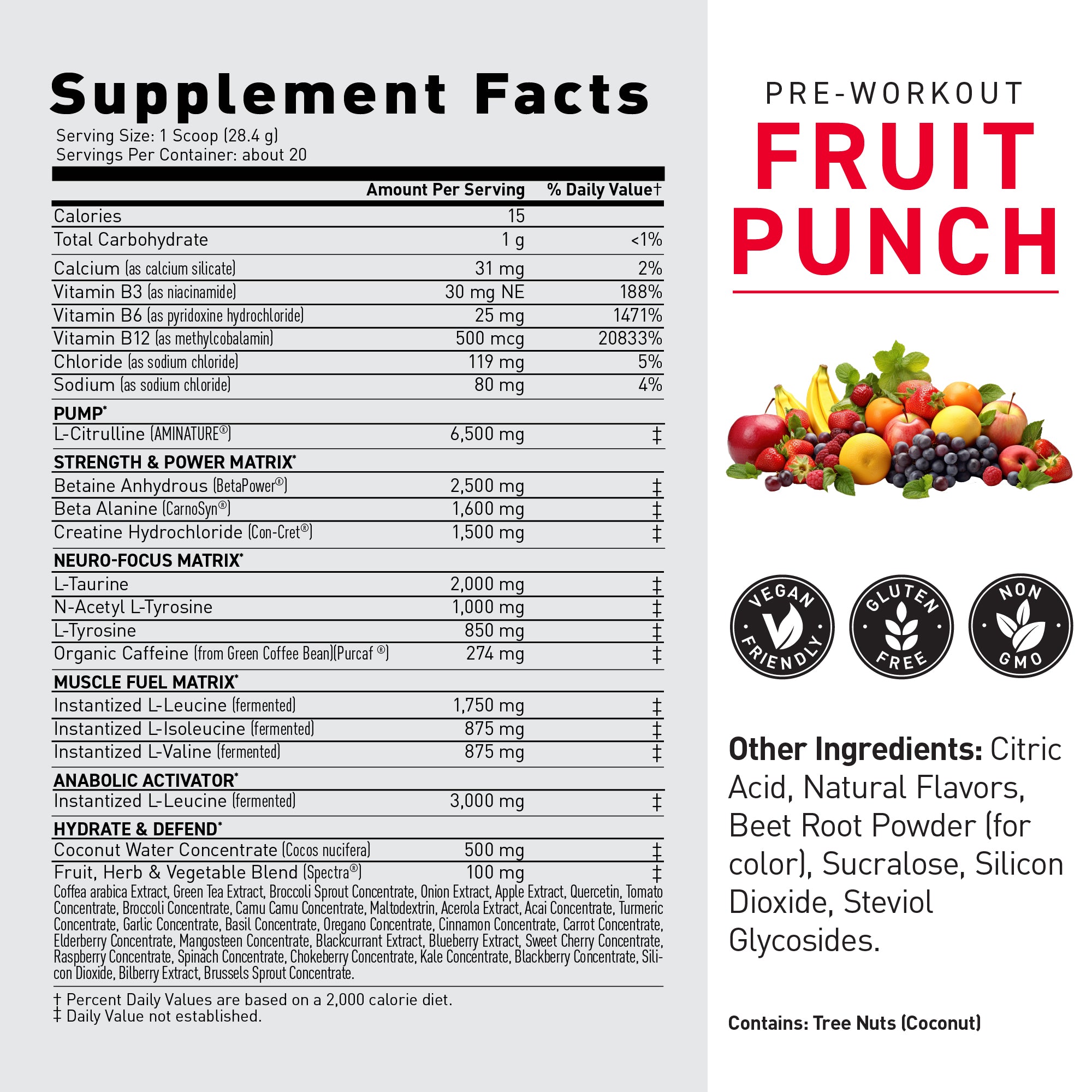 Product label for Pre-Workout Fruit Punch showing supplement facts, serving size, key ingredient amounts, fruit image, and certification icons #flavor_fruit punch