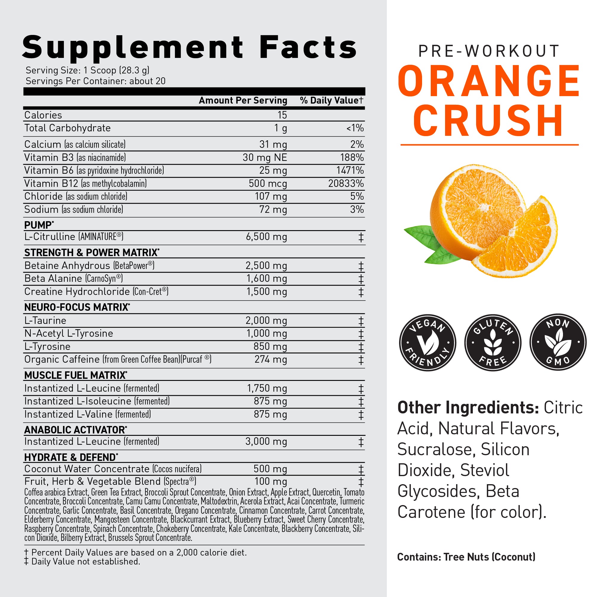 Close-up of Pre-Kaged Pre-Workout label showing large "ORANGE CRUSH" flavor text, supplement facts panel, and orange slice graphic #flavor_orange crush