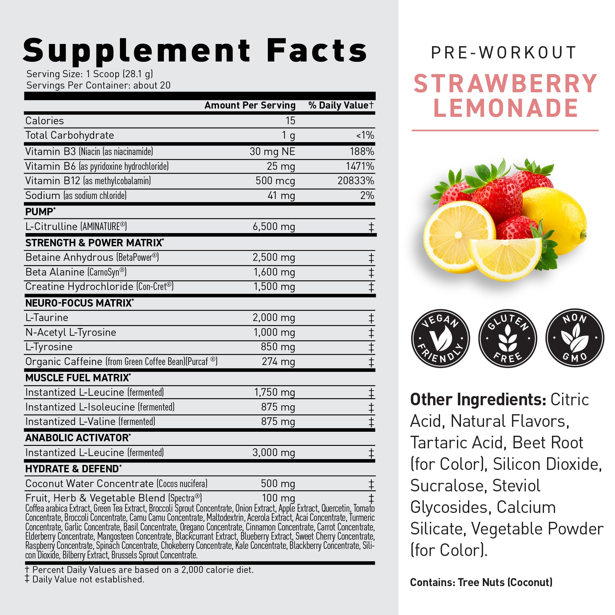 Front label of Pre-Kaged Pre-Workout showcasing Strawberry Lemonade flavor and supplement facts #flavor_strawberry lemonade