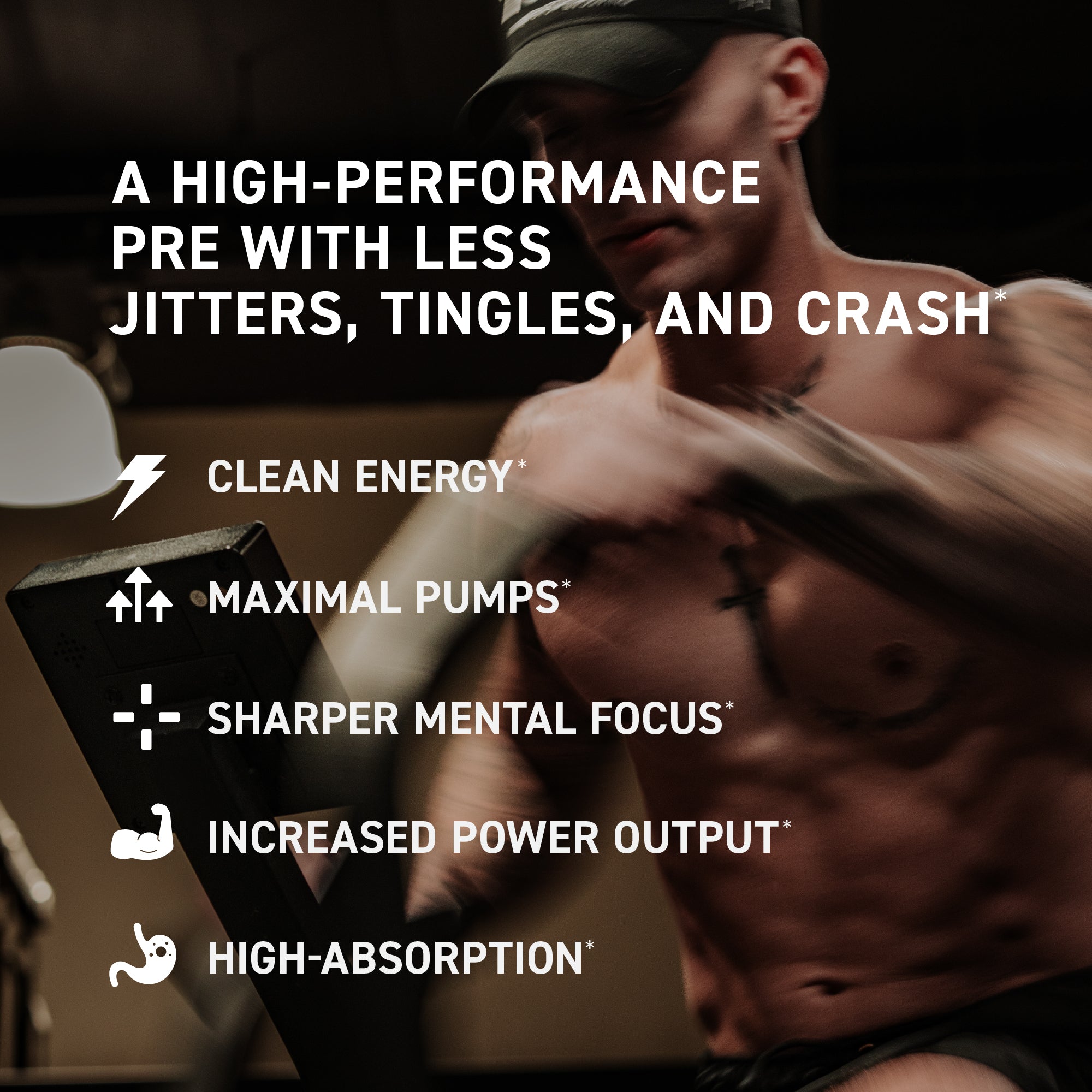 Promotional graphic with headline A high-performance pre with less jitters, tingles, and crash and a list of benefits
