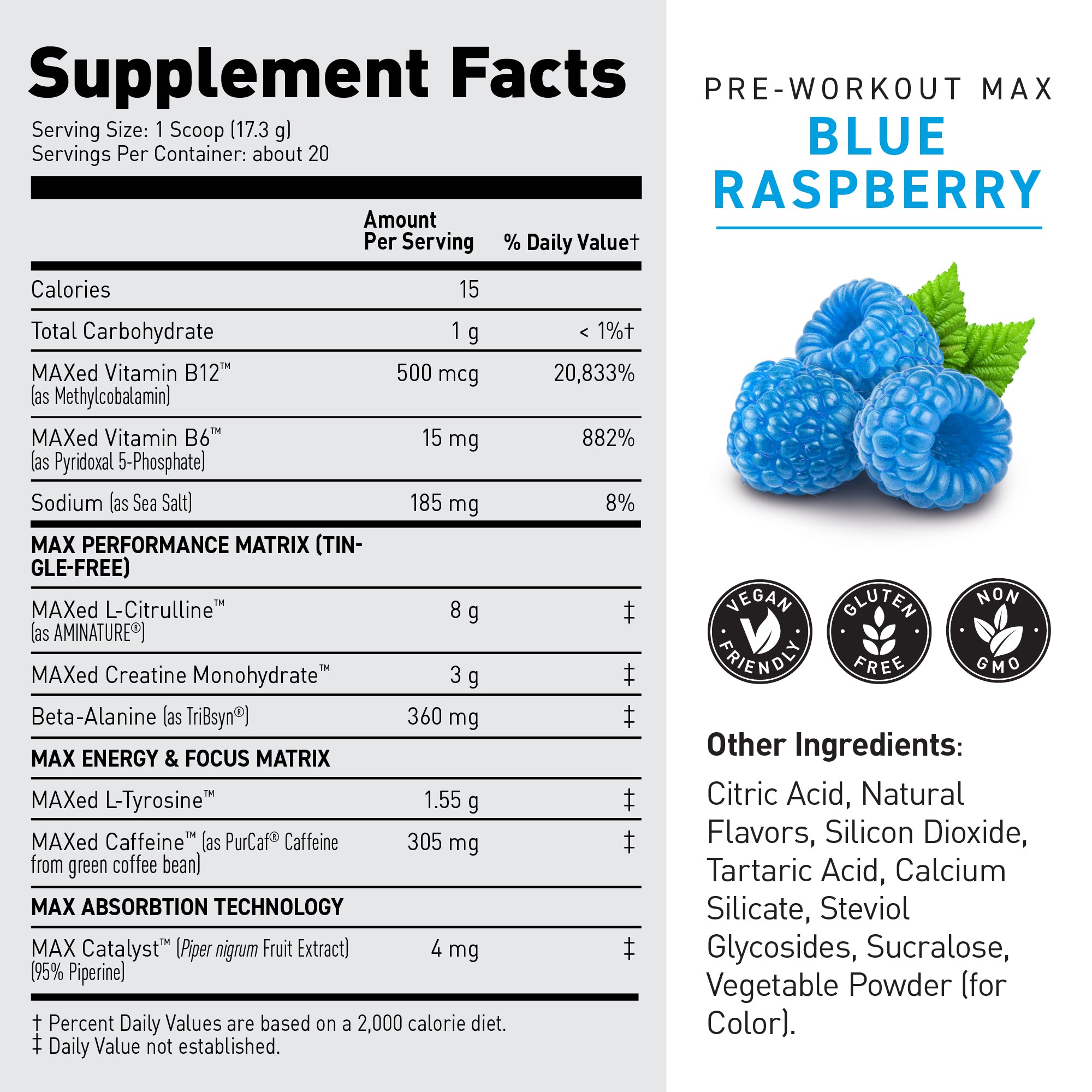 Close-up of Pre-Workout Max label showing large Blue Raspberry flavor text, blue raspberry image, and Supplement Facts panel #flavor_blue raspberry