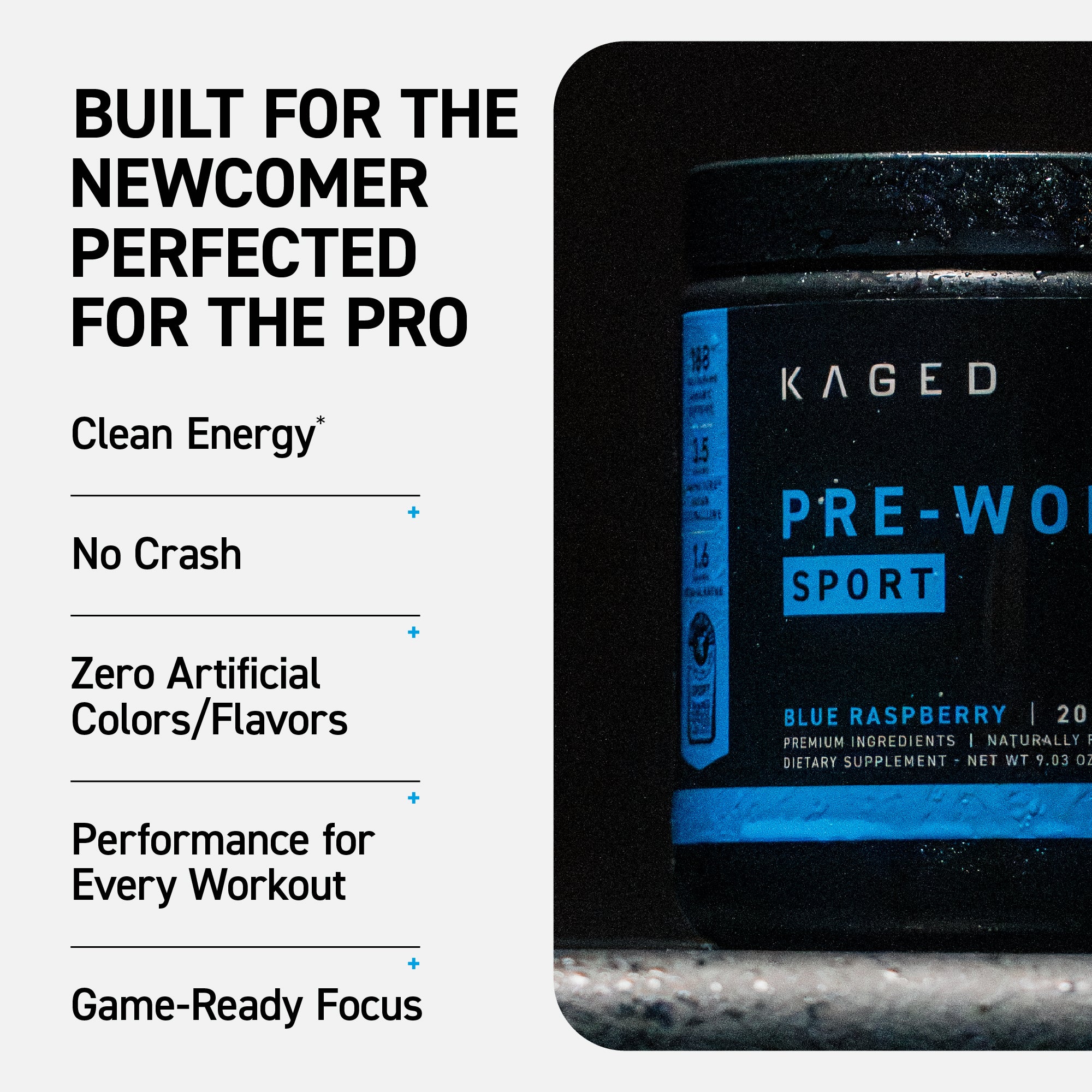 Infographic showing Pre-Workout Sport benefits including clean energy, no crash, and game-ready focus