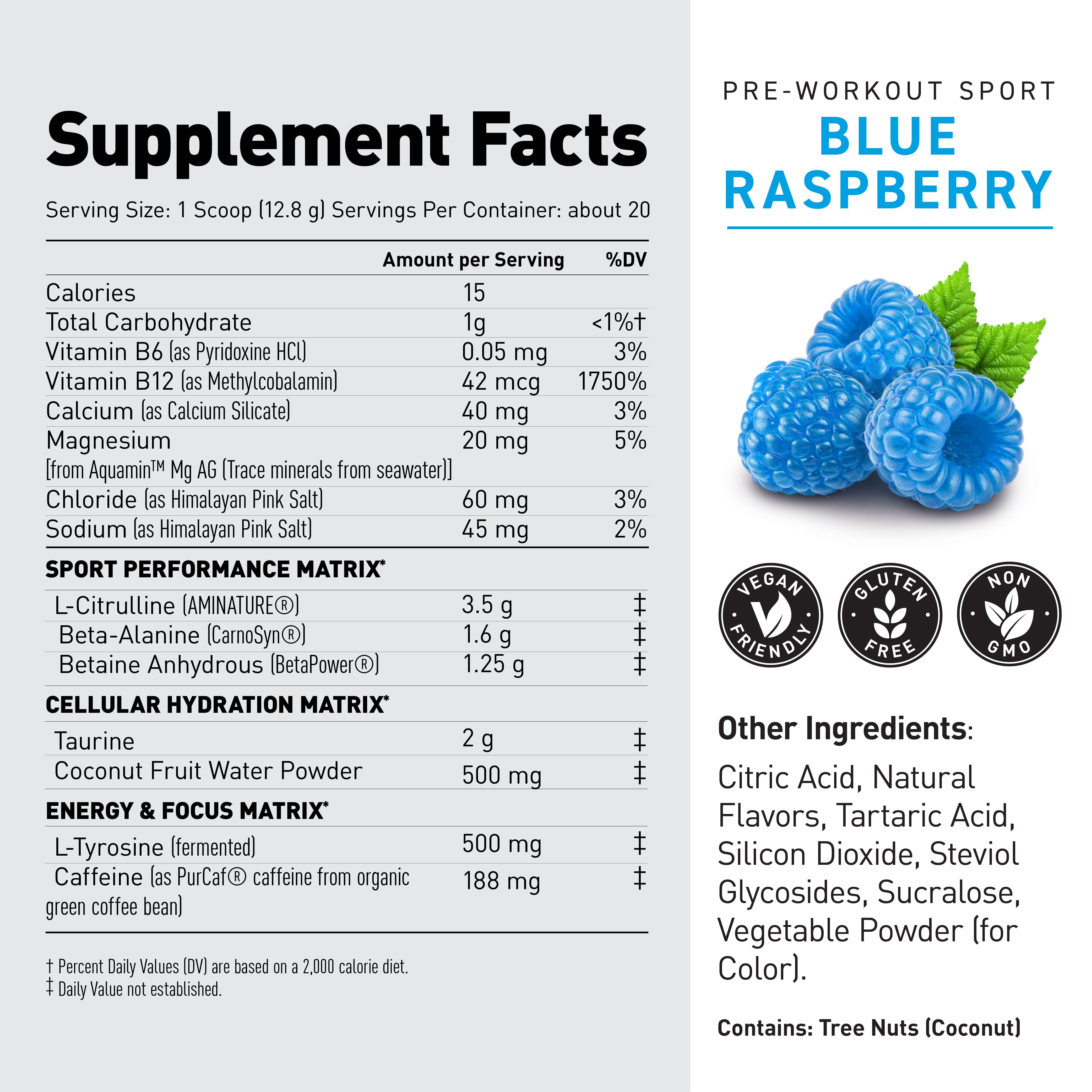 Front label of Pre-Kaged Sport pre workout showing BLUE RASPBERRY, supplement facts, and blue raspberry image #flavor_blue raspberry