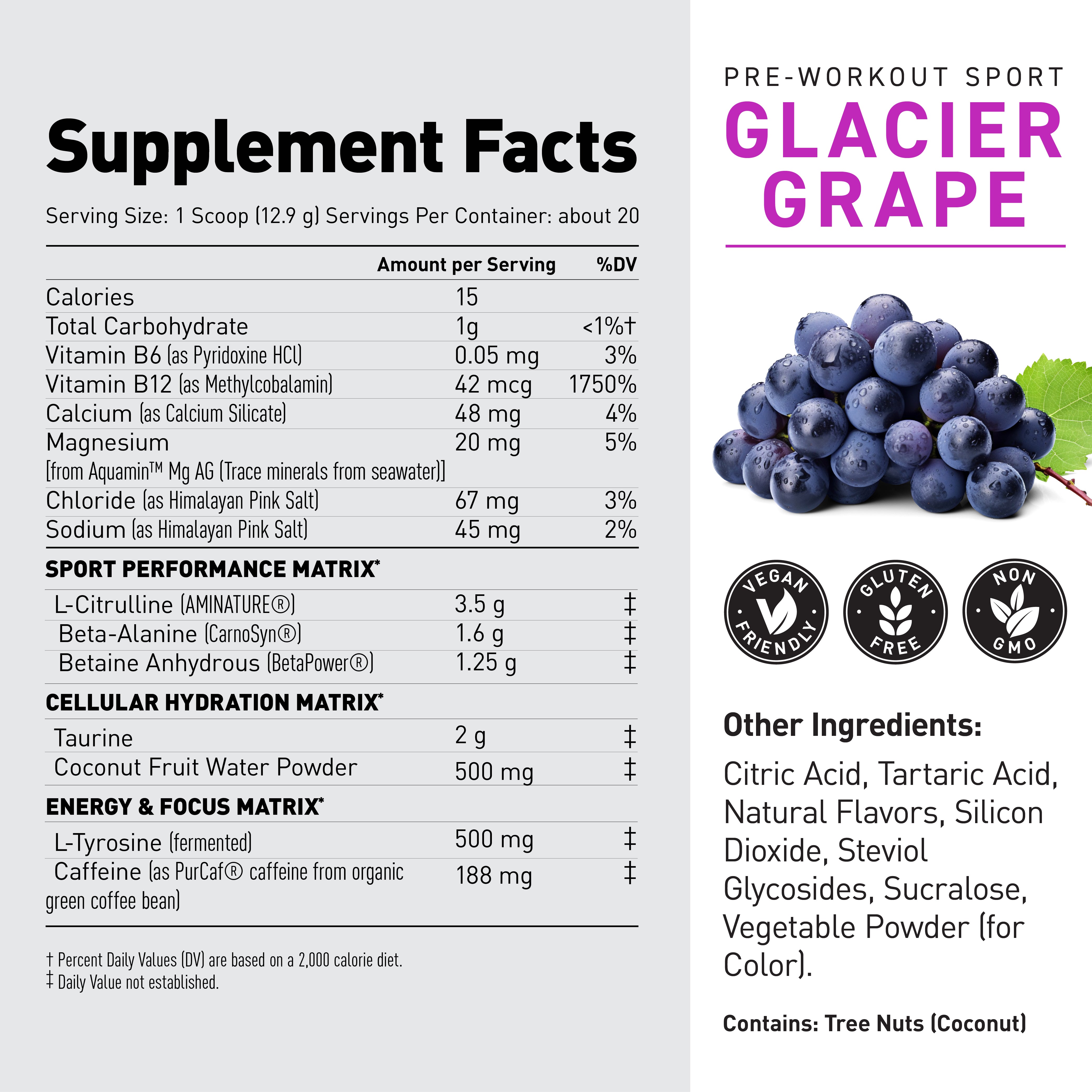 Close-up of Pre-Workout Sport label showcasing Supplement Facts panel and Glacier Grape flavor with grapes image #flavor_glacier grape