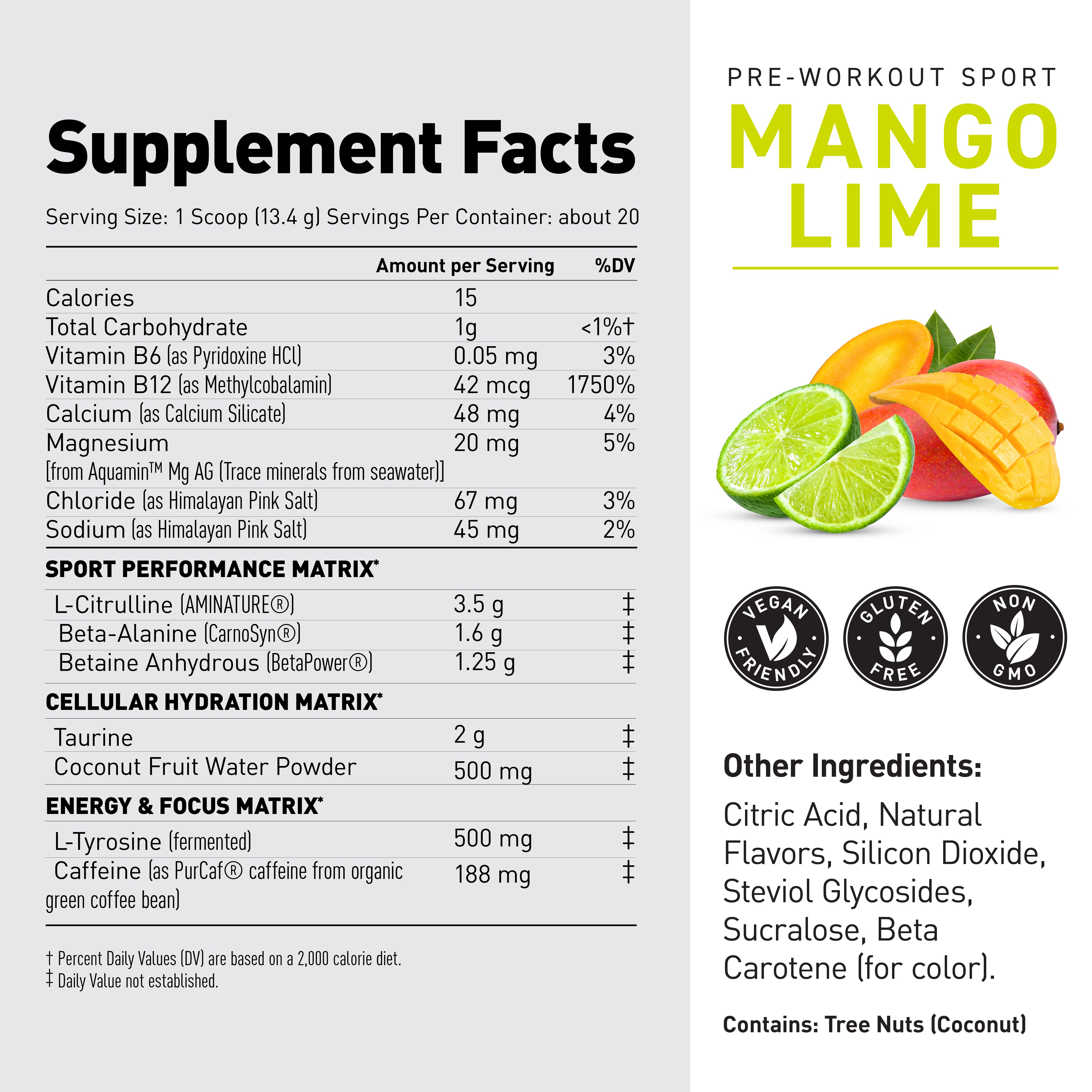 Close-up of Pre-Workout Sport label showing Supplement Facts panel and large MANGO LIME flavor text with mango and lime artwork #flavor_mango lime