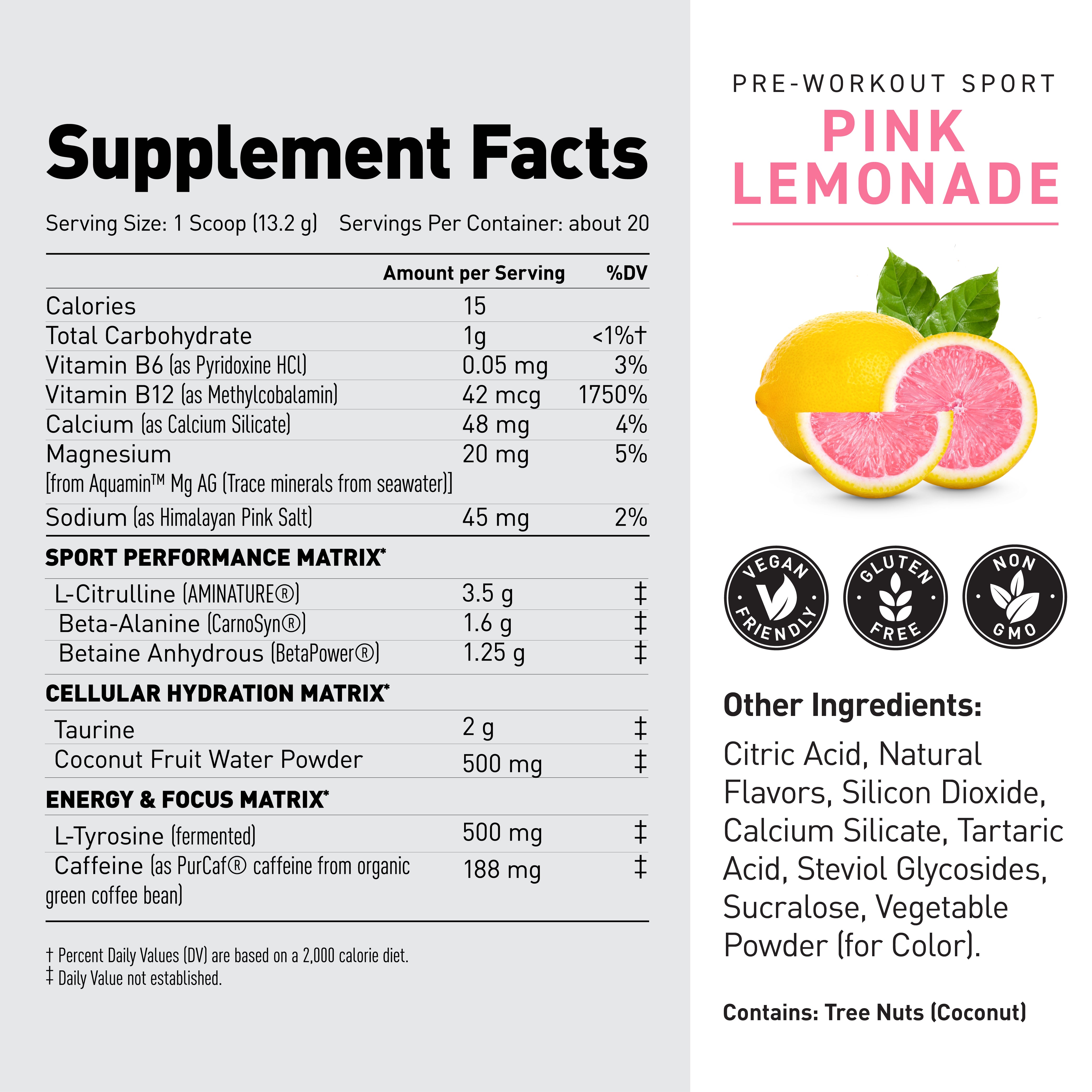 Close up of Pre-Workout Sport Supplement Facts panel with Pink Lemonade flavor text and lemon and pink grapefruit image #flavor_pink lemonade