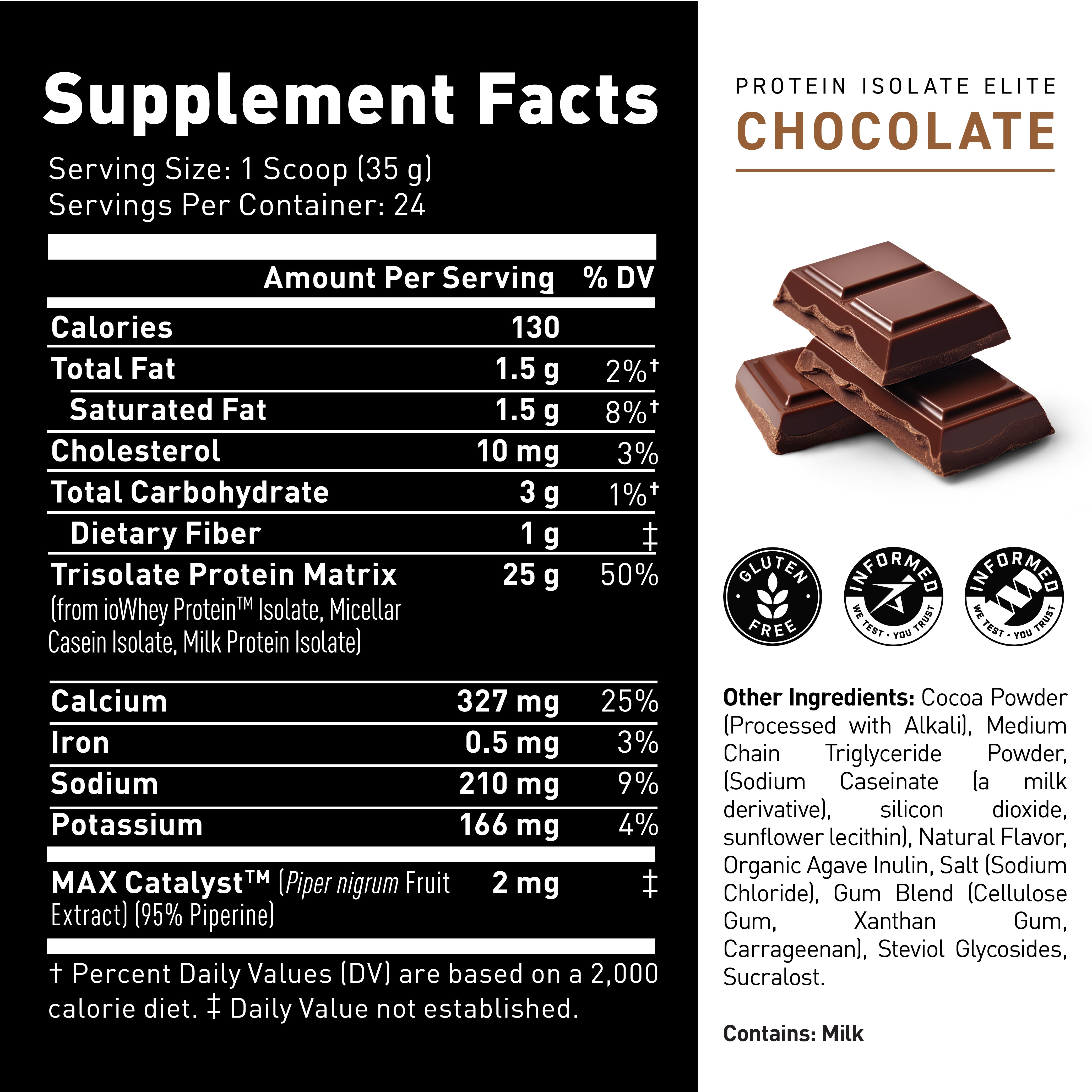 Supplement facts panel showing serving size 1 scoop, 130 calories, 25 g Trisolate protein matrix per scoop, plus ingredient list for Chocolate flavor #flavor_chocolate