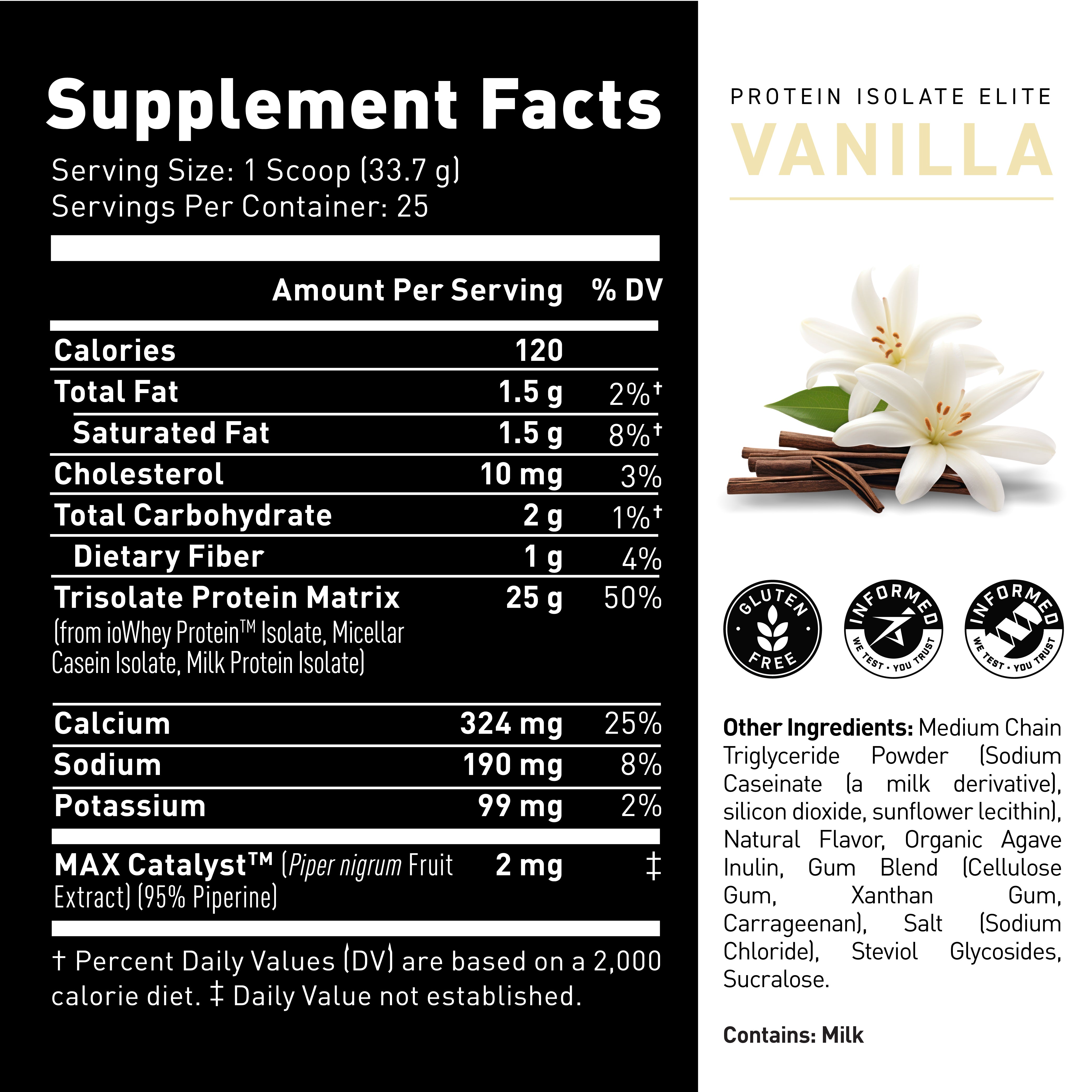 Supplement Facts label for Protein Isolate Elite showing serving size 1 scoop (33.7 g), 25 servings, 120 calories, and Vanilla flavor #flavor_vanilla