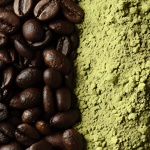 Close-up of PurCaf green coffee beans and AmaTea guayusa powder showcasing organic caffeine sources on a split background