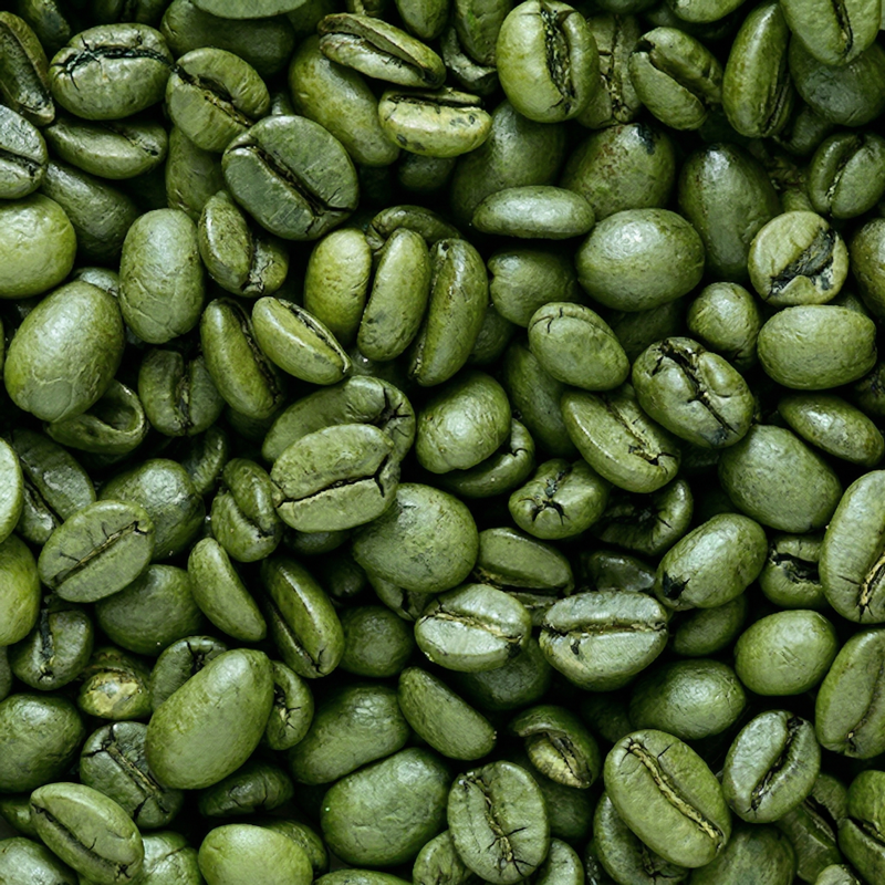 Close-up of organic green coffee beans showcasing unroasted beans' texture filling the frame