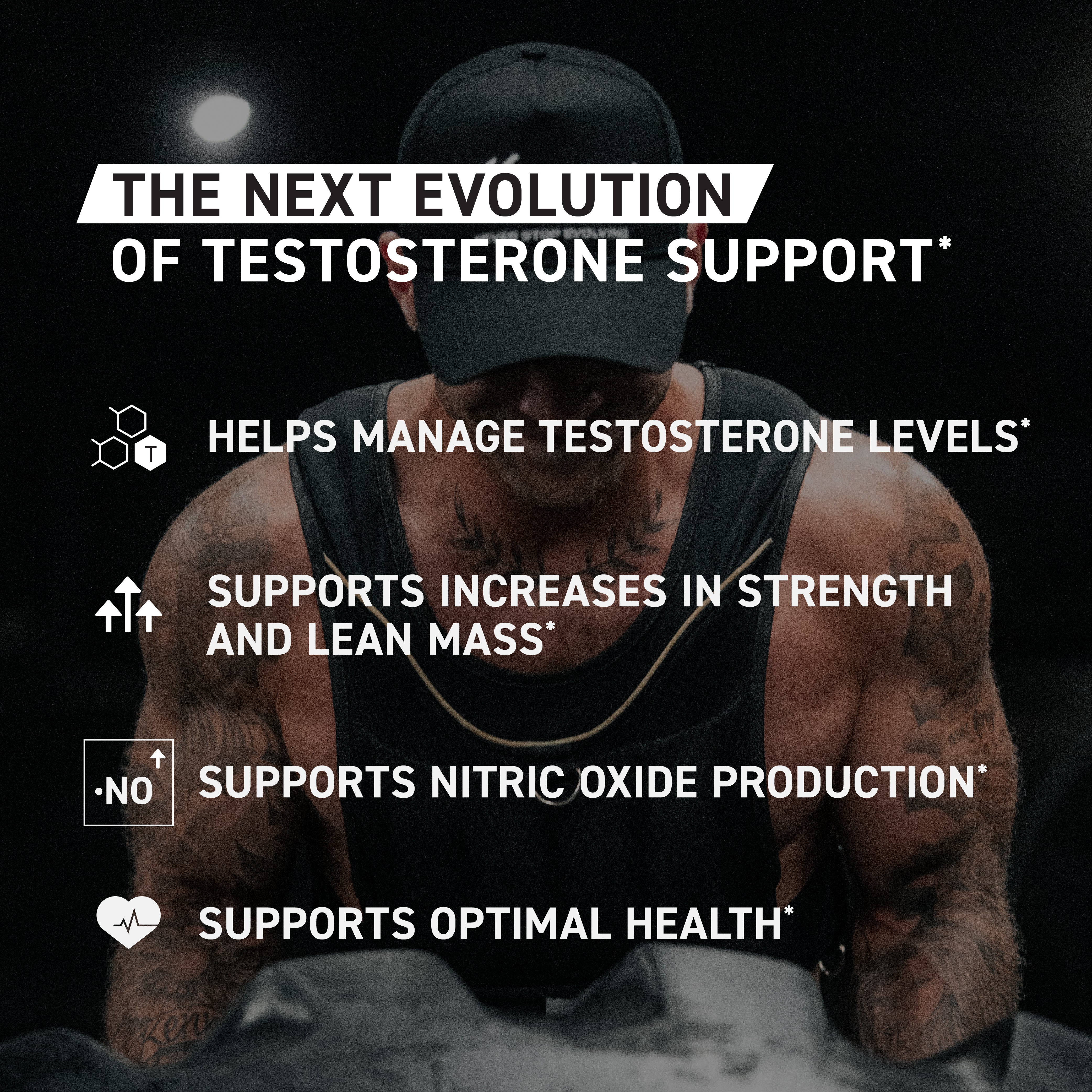 Banner with headline 'The Next Evolution of Testosterone Support' and four benefit statements