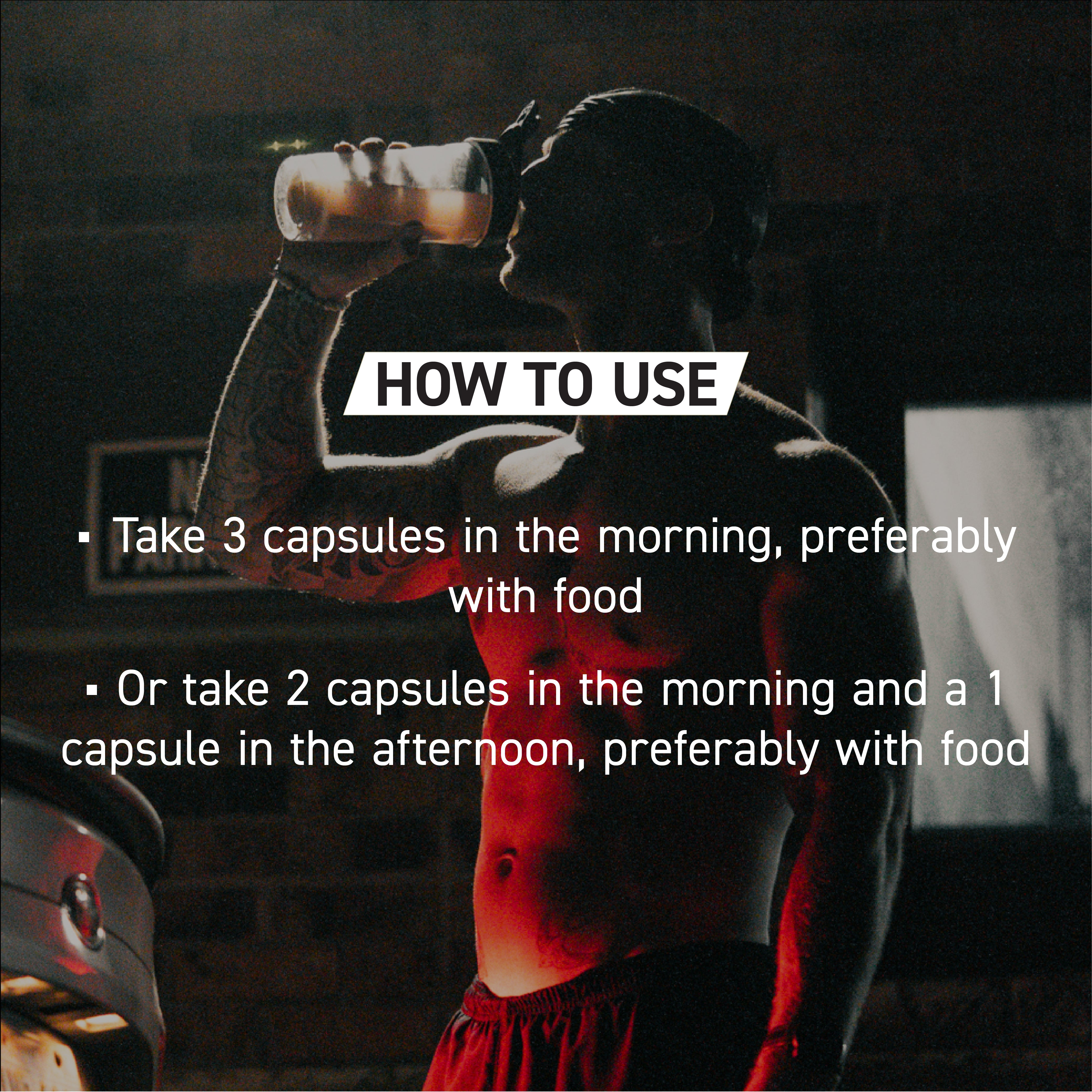 Banner reading HOW TO USE over a man drinking from a shaker bottle in a dim gym