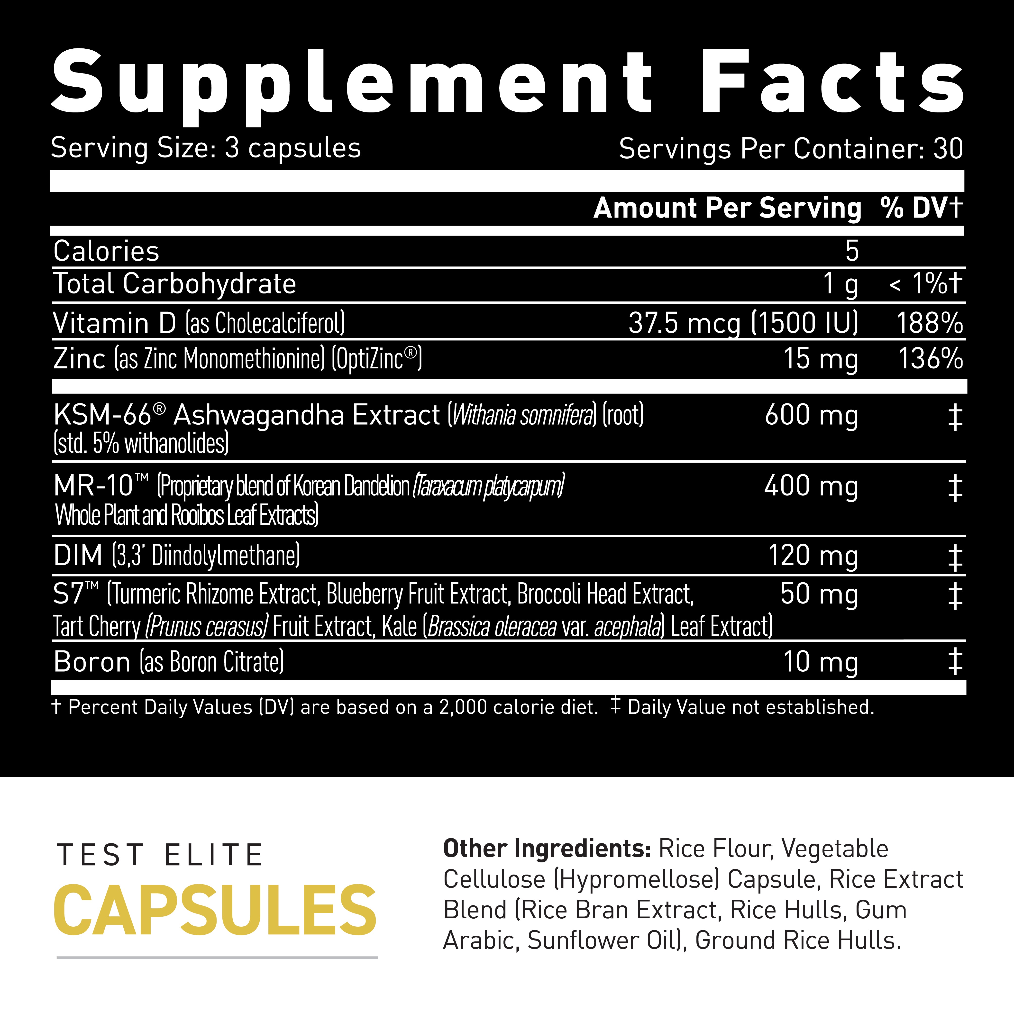 Supplement Facts label showing TEST Elite serving size 3 capsules and key ingredients with amounts: Vitamin D 37.5 mcg; Zinc 15 mg; KSM‑66 Ashwagandha 600 mg
