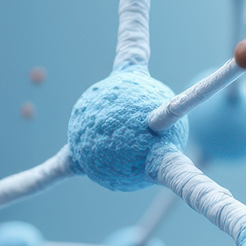 Close-up of Valine (fermented) illustration: blue sphere with white connecting strands on pale blue background