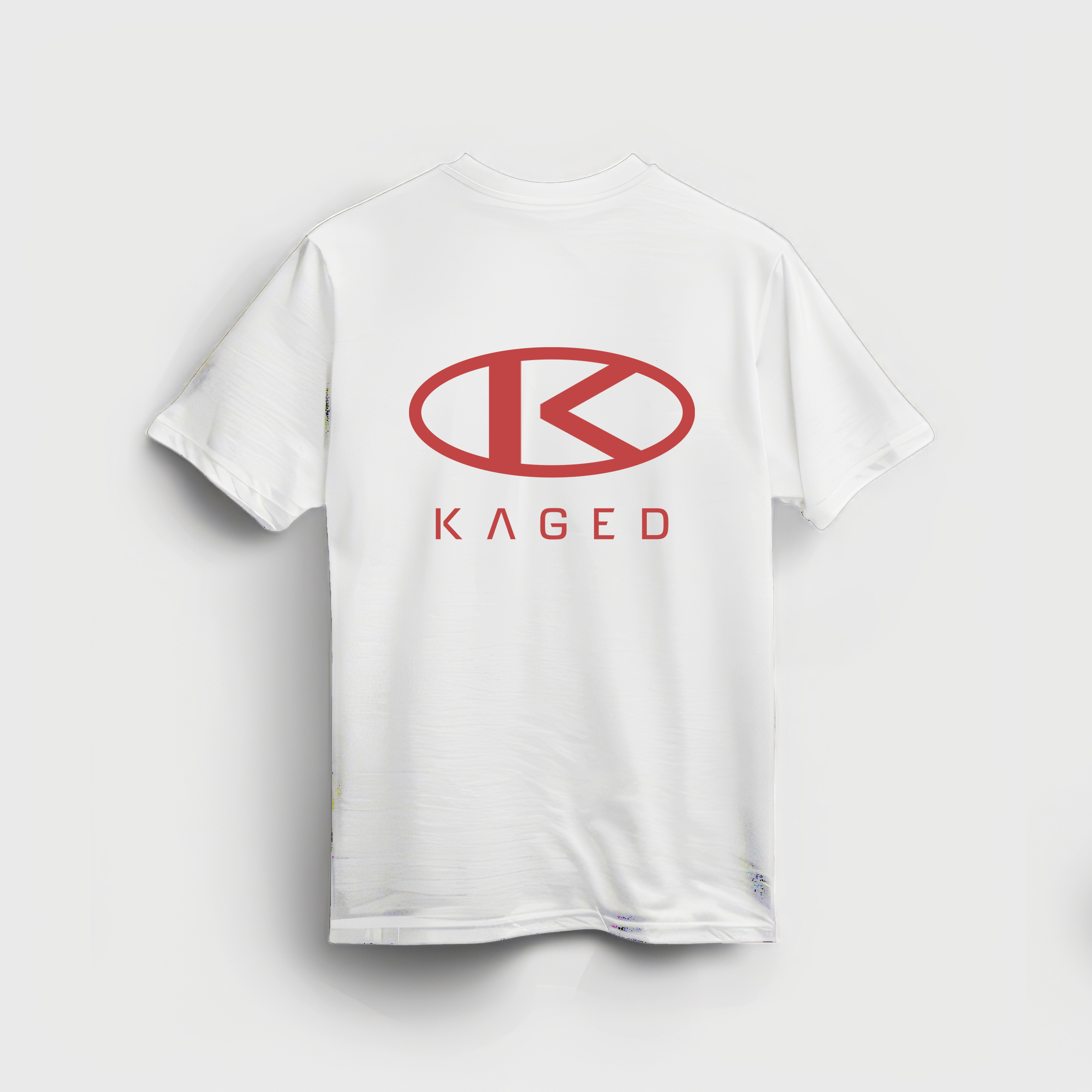 Back view of Circle Tee showcasing red KAGED circle logo and KAGED wordmark on a white tee against a light gray background #color_white