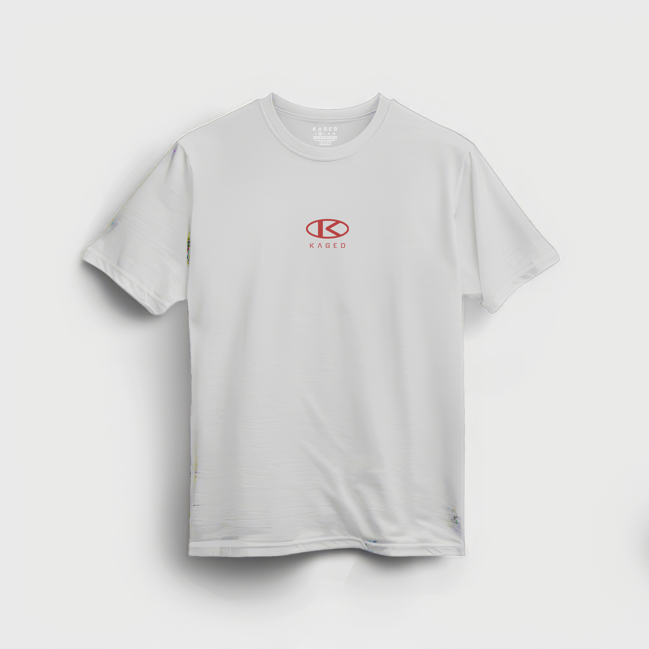 Front view of Circle Tee showcasing centered red KAGED circle logo on white tee against plain white background #color_white
