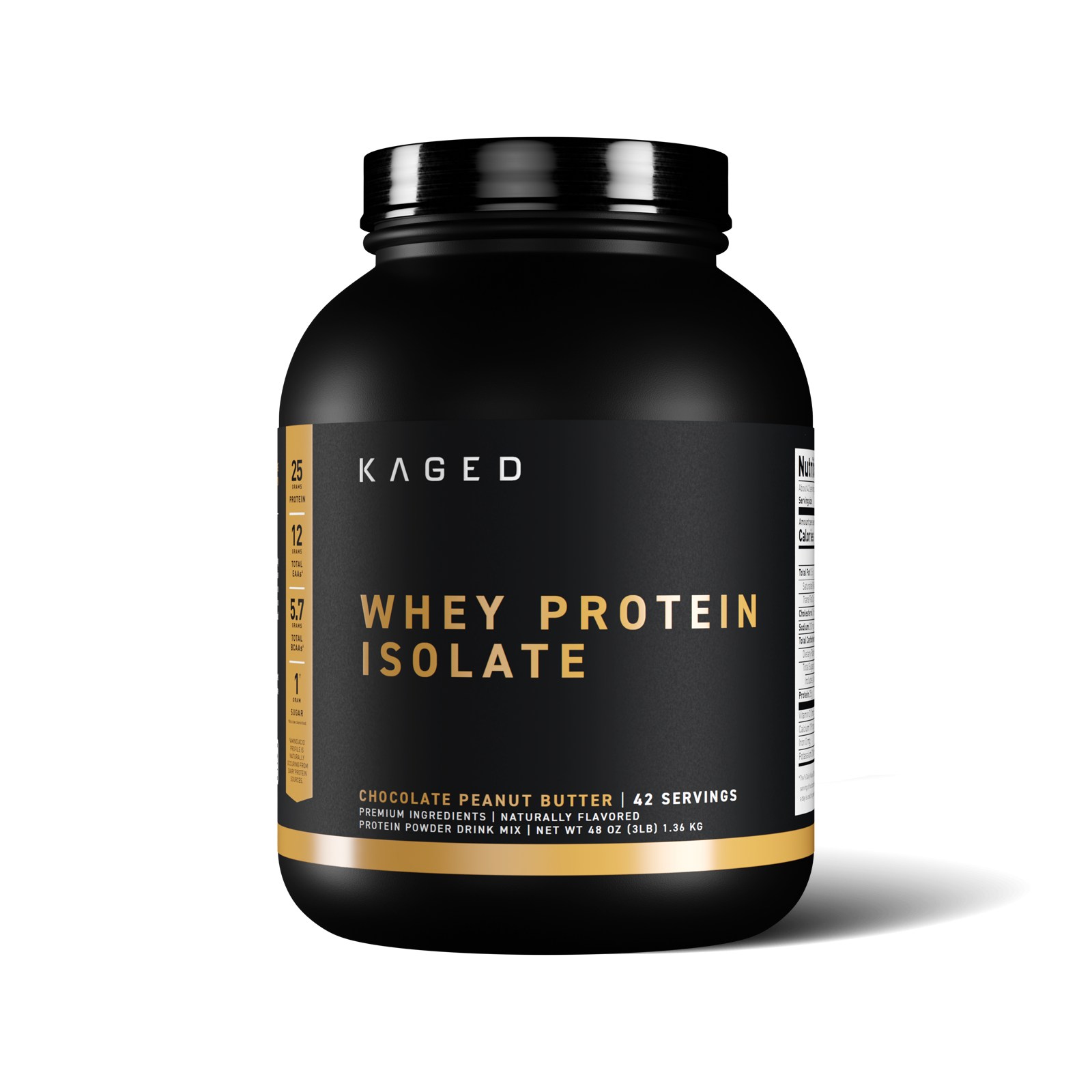 Front view of Kaged Whey Protein Isolate tub, Chocolate Peanut Butter flavor, showing black label with large "WHEY PROTEIN ISOLATE" text and "42 servings" #flavor_chocolate peanut butter