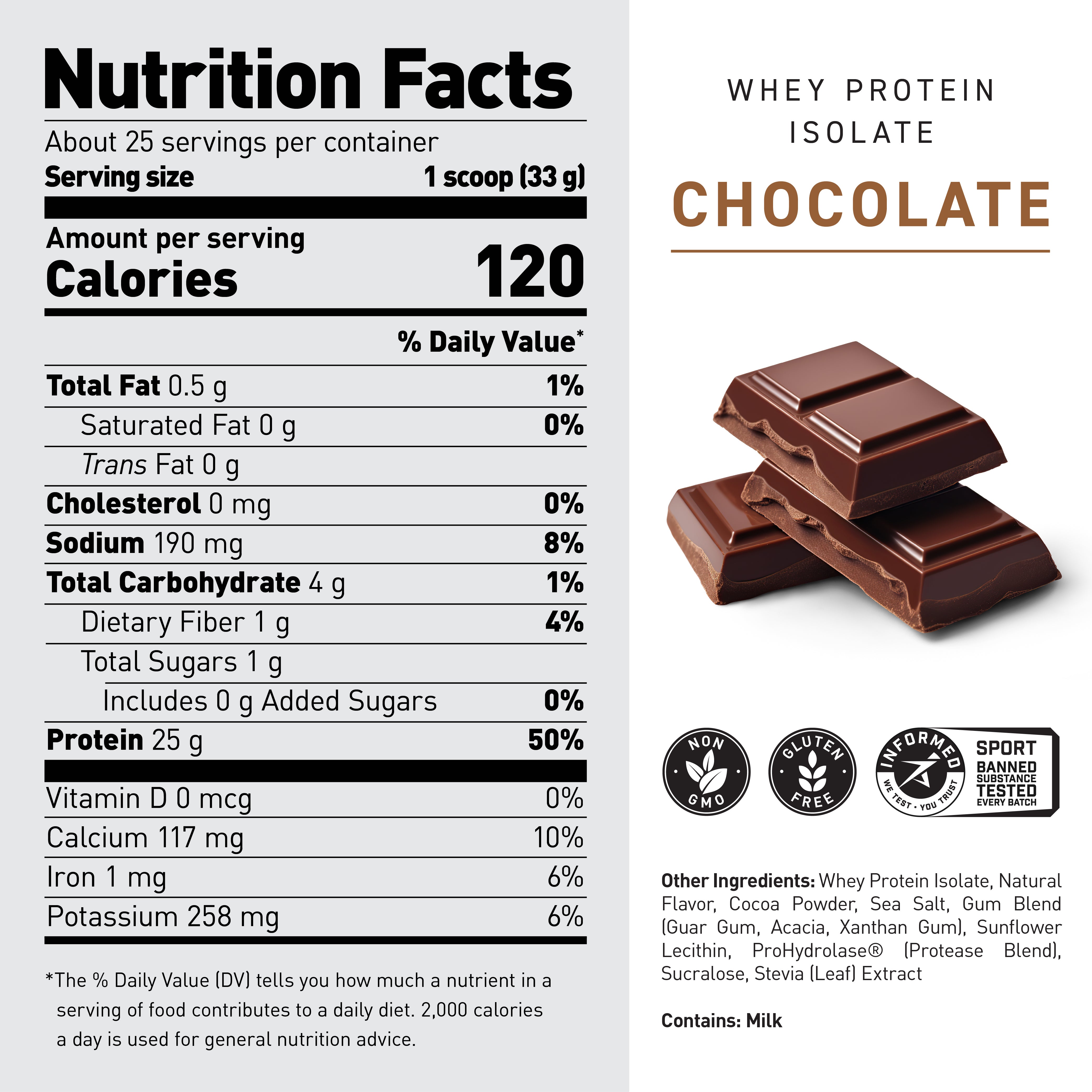 Nutrition label infographic showing Whey Protein Isolate - Chocolate flavor, 120 calories and 25 g protein per serving #flavor_chocolate