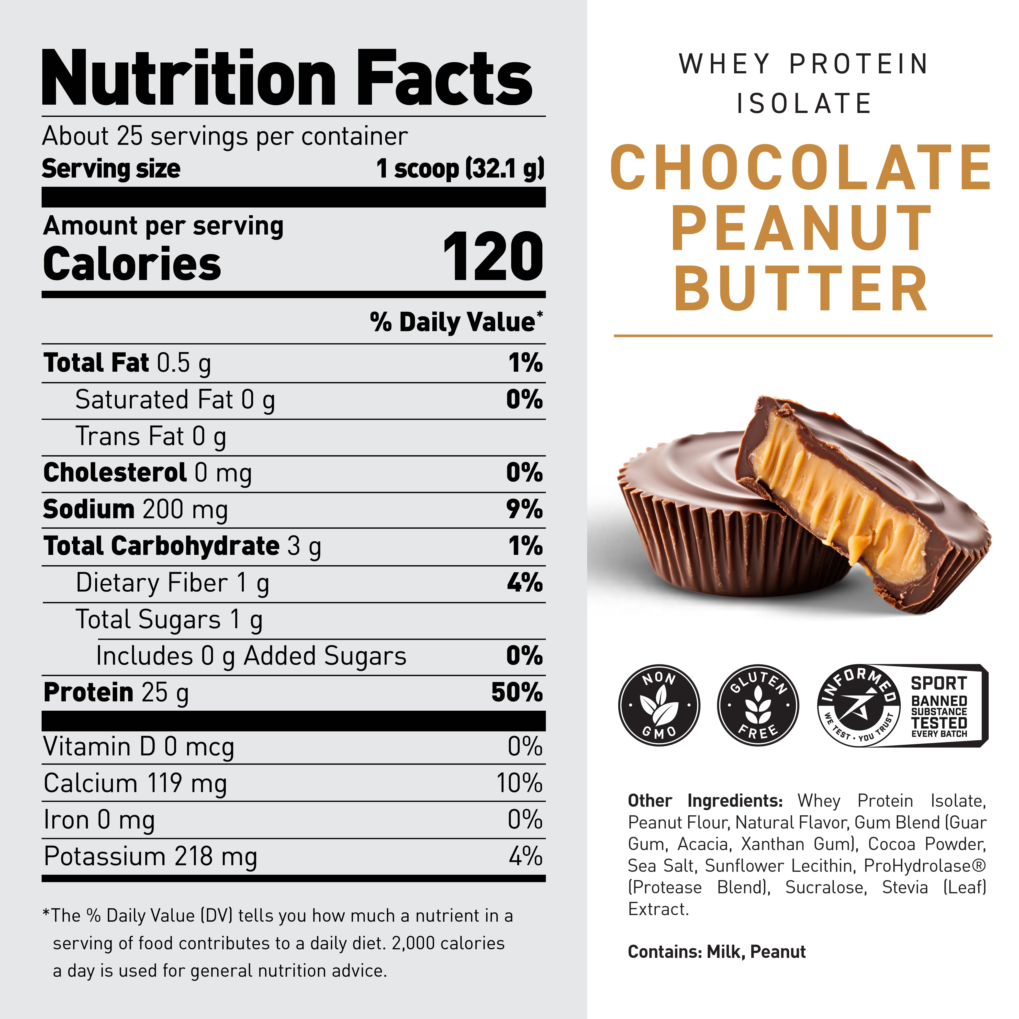 Nutrition facts panel showing Whey Protein Isolate Chocolate Peanut Butter flavor, 120 calories and 25 g protein per scoop #flavor_chocolate peanut butter