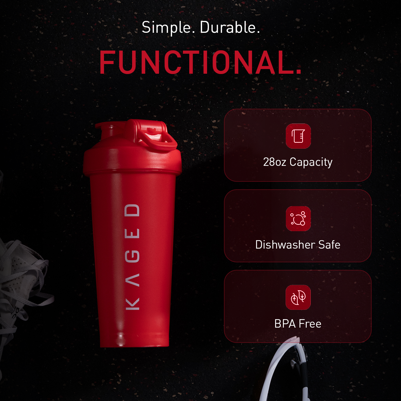Promotional graphic showing crimson KAGED shaker bottle with headline FUNCTIONAL and features 28oz capacity, dishwasher safe, BPA free