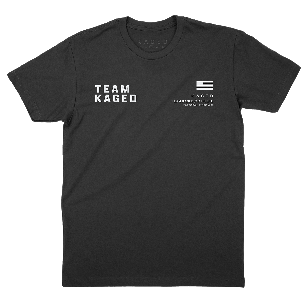 Front of black Team Kaged tee with large TEAM KAGED print on left chest and small flag plus KAGED TEAM ATHLETE text on right