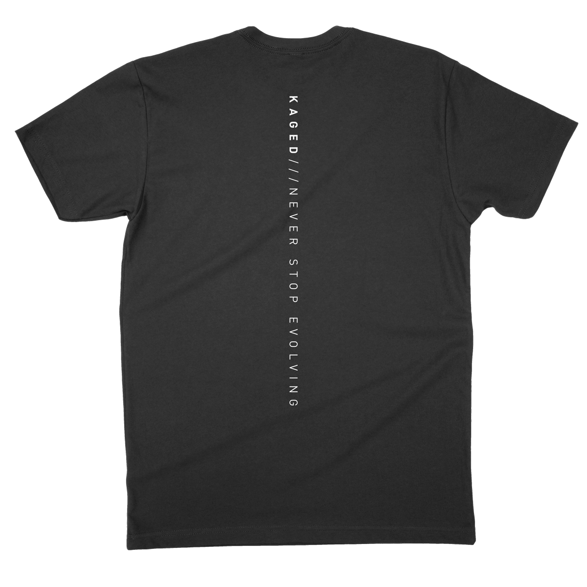 Back view of Kaged Classic Tee in black with vertical white text KAGED NEVER STOP EVOLVING down center #color_black