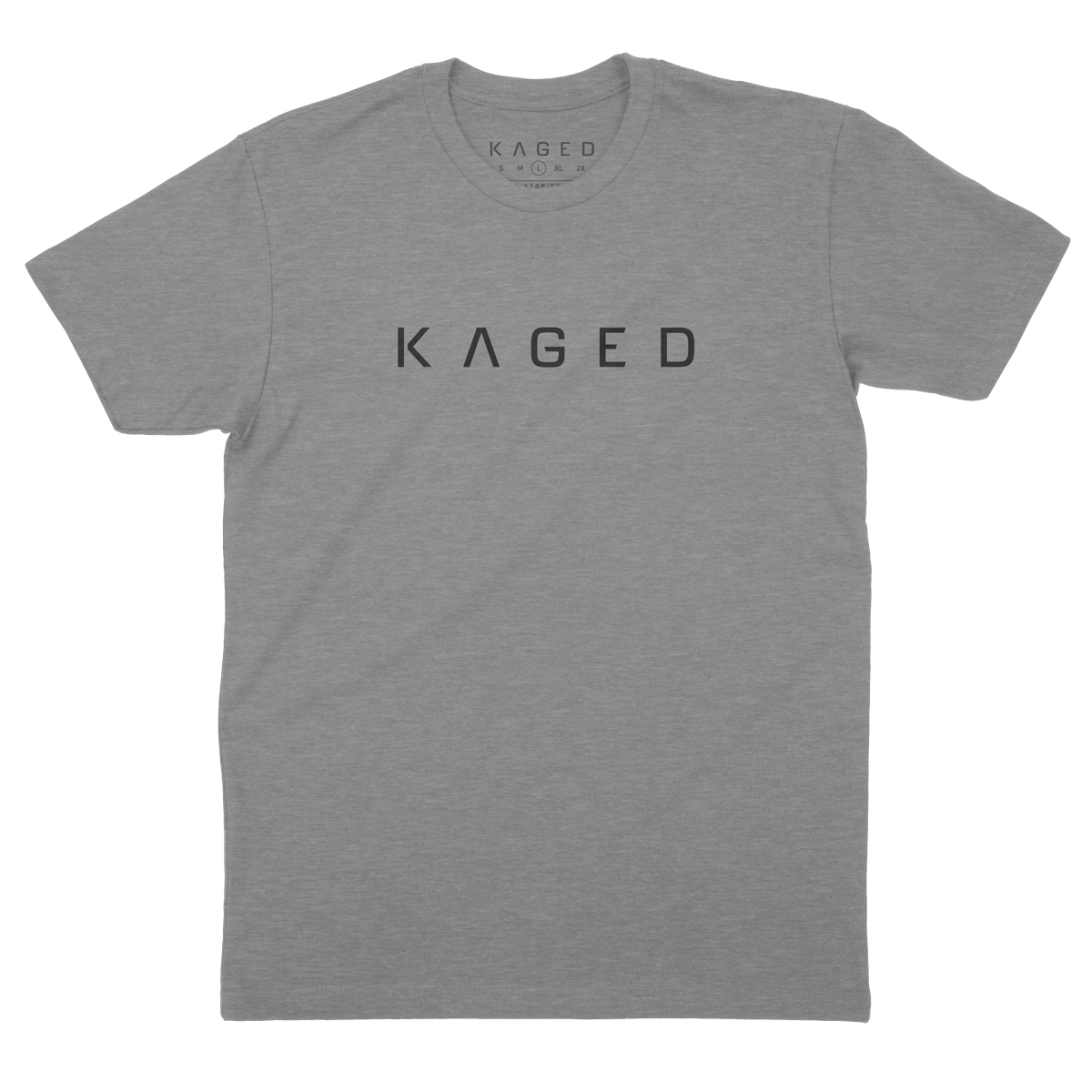 Front view of KAGED Classic Tee showcasing centered KAGED logo on heather grey fabric with crew neck #color_grey