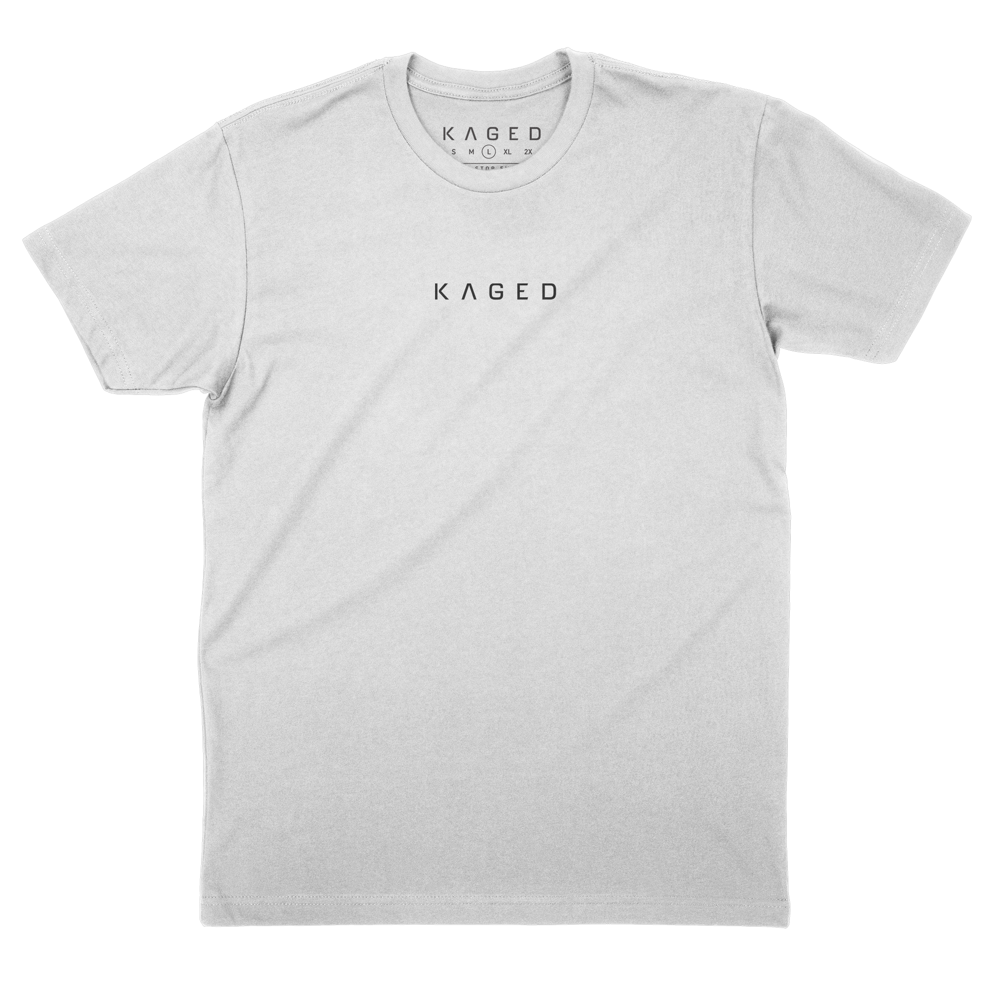 Front view of Never Stop Evolving T-shirt showing centered KAGED logo on white tee with plain white background #color_white