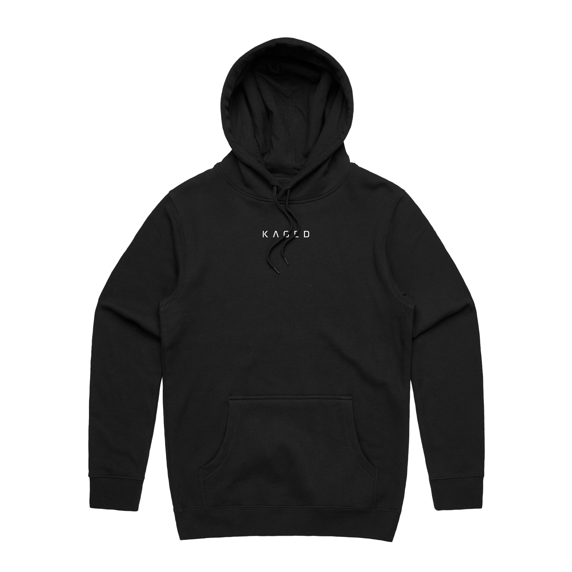 Front view of black Never Stop Evolving hoodie showcasing white KAGED chest logo and kangaroo pocket on white background #color_black