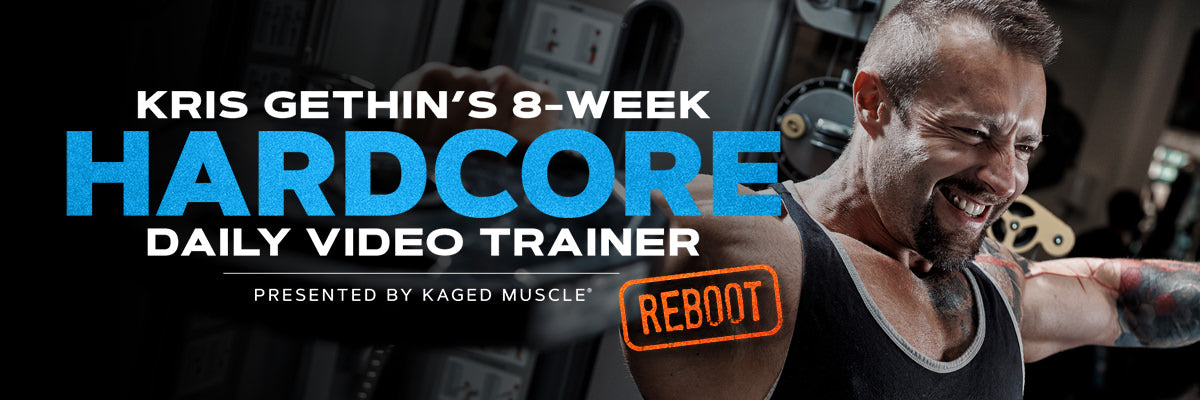 Banner with text 'Kris Gethin's 8-week HARDCORE Daily Video Trainer' and photo of a muscular man lifting weights in a gym