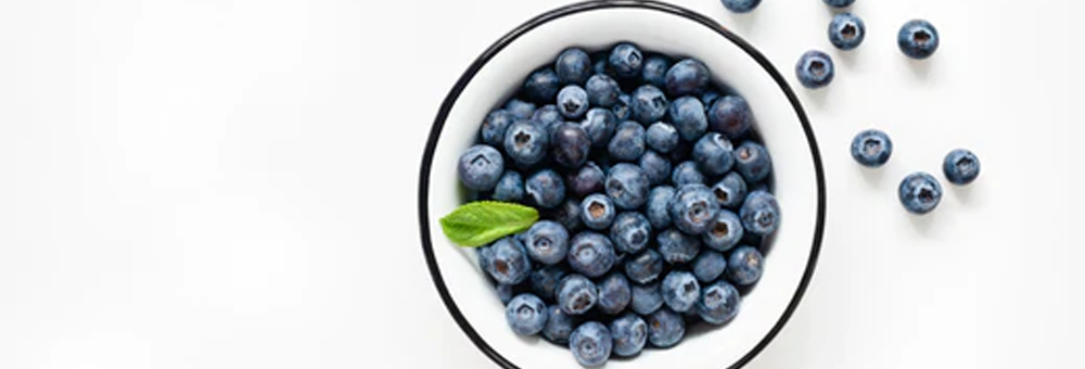 Top down view of a bowl of fresh blueberries with a green leaf on a white background