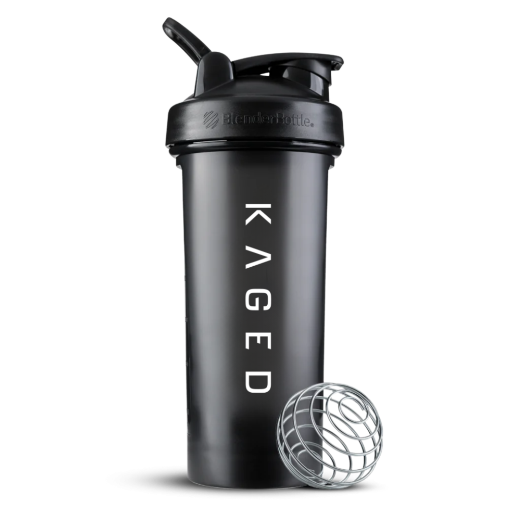 Front of 28 oz BlenderBottle Classic shaker, black with vertical KAGED logo, flip top lid and stainless steel mixing ball