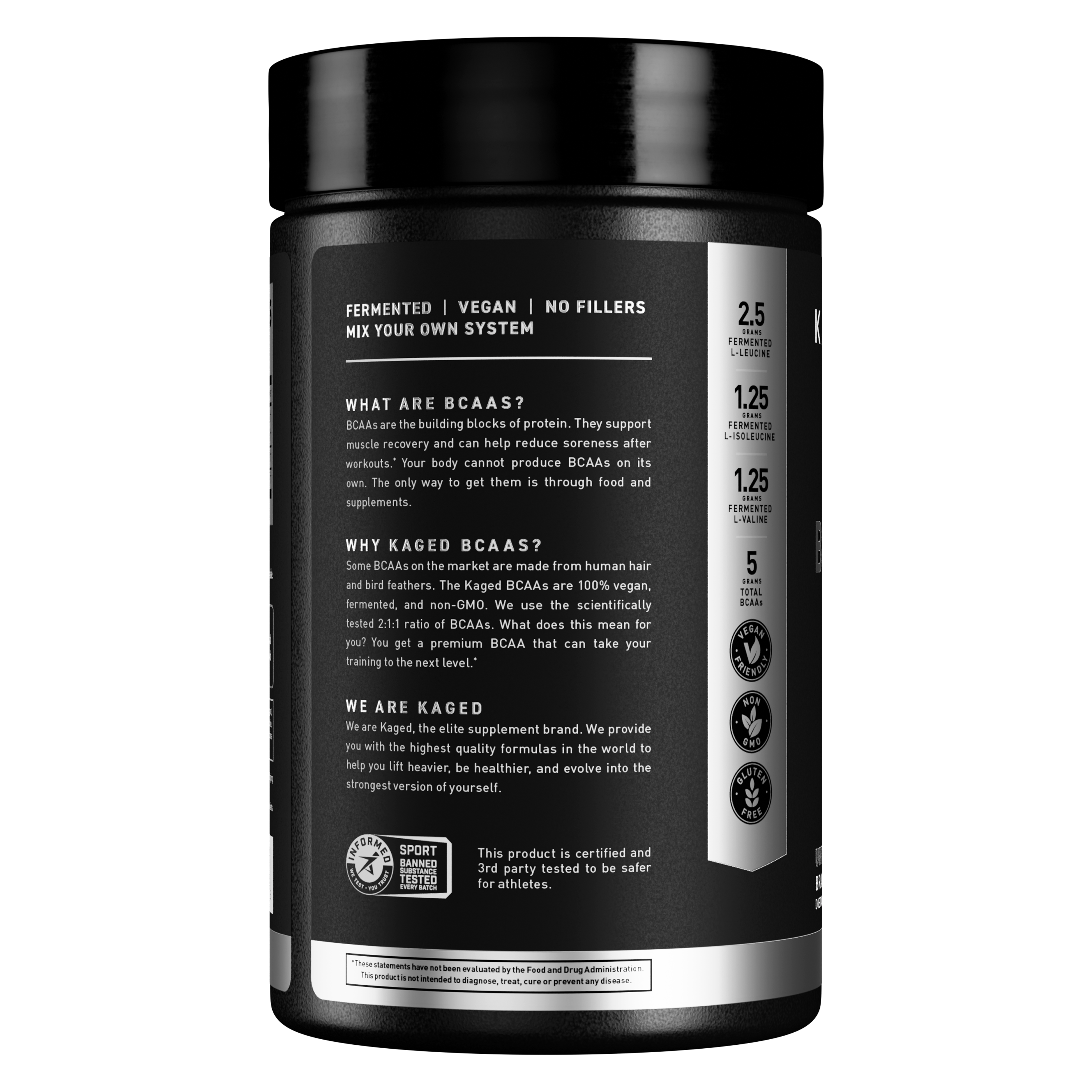 Close-up of BCAA 2:1:1 powder container label showing "Fermented | Vegan | No Fillers" and gram amounts on a black background