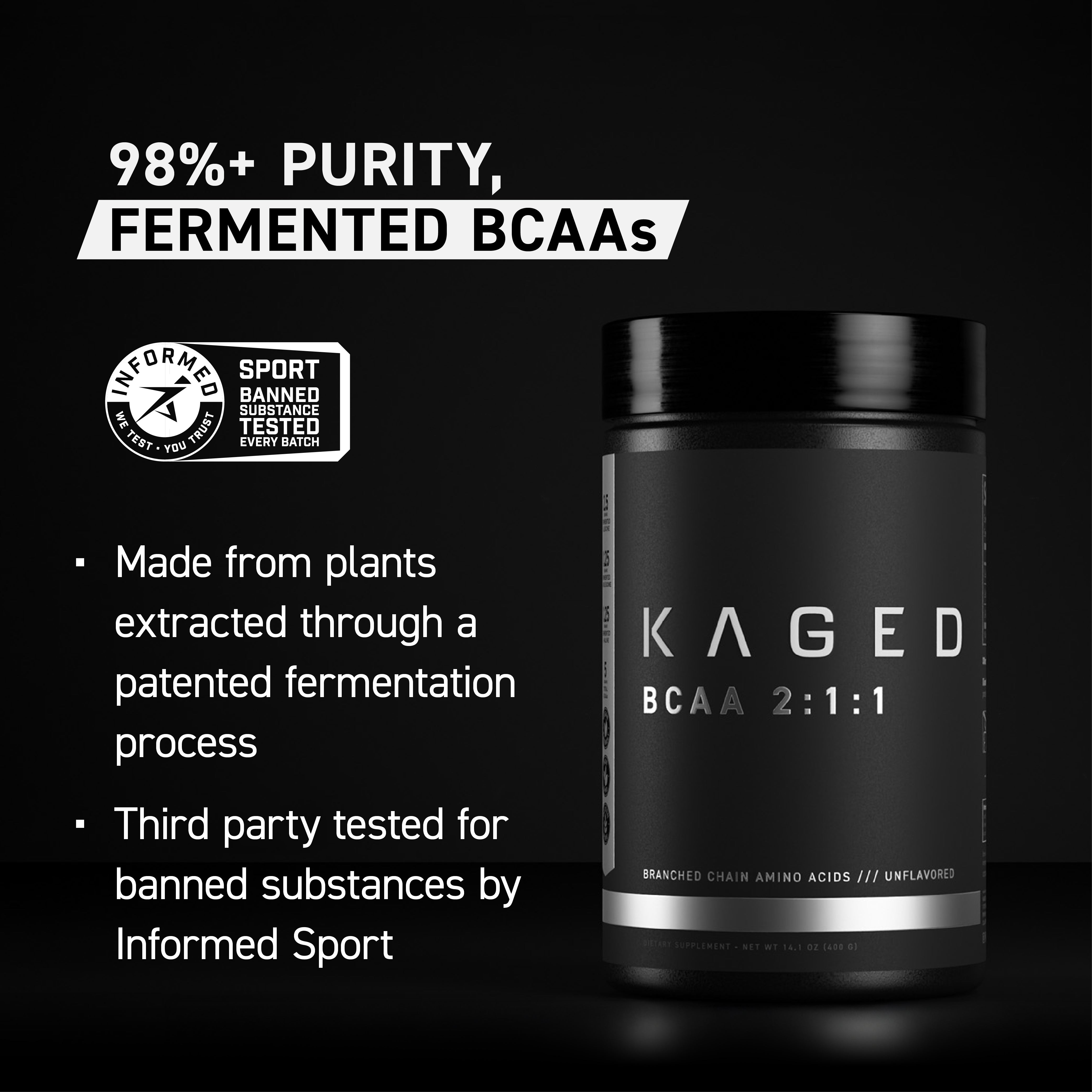 Right-side view of BCAA 2:1:1 container showing headline 98 percent plus purity fermented BCAAs on black background