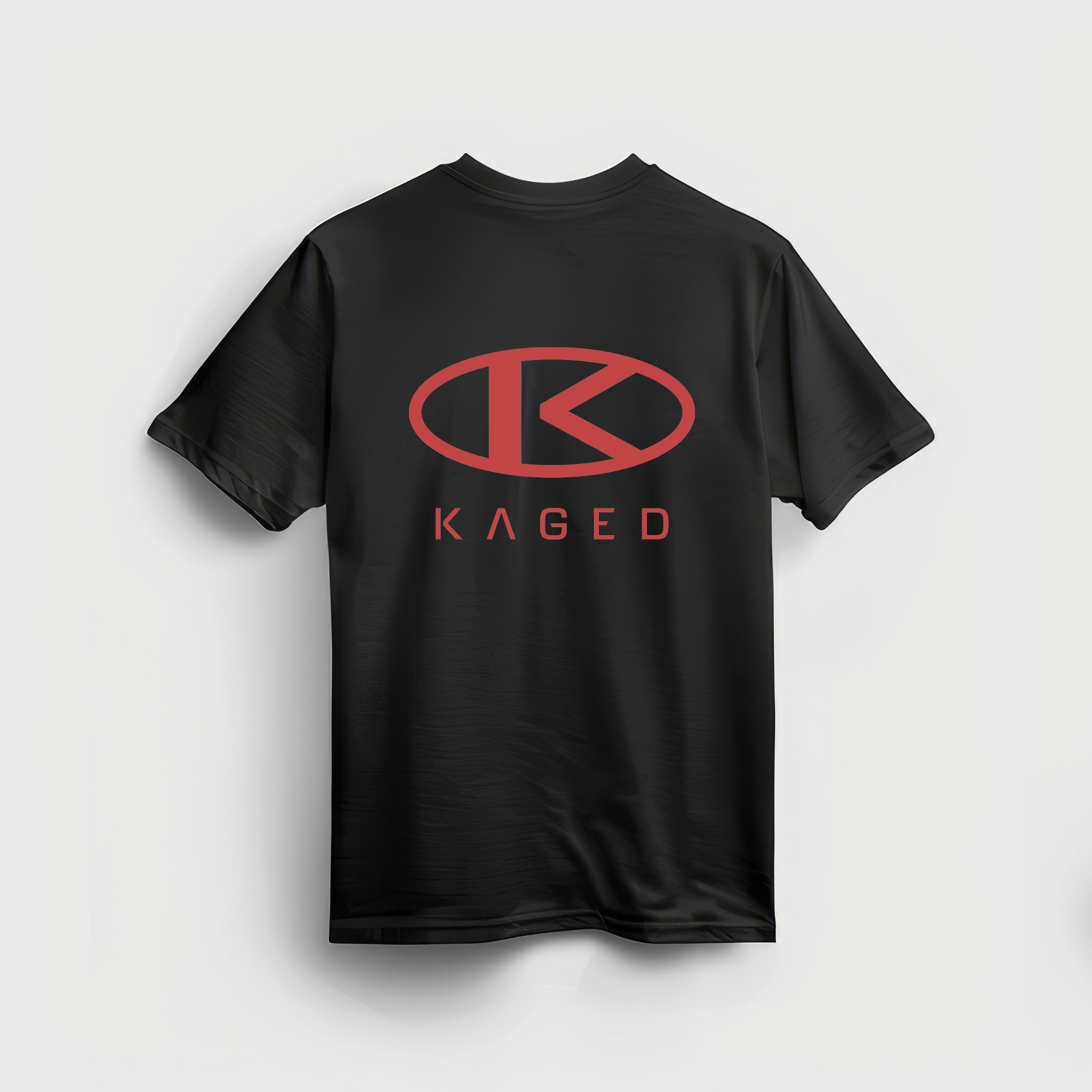 Back of Circle Tee showing red KAGED circle logo and wordmark on black t-shirt on light gray background #color_black