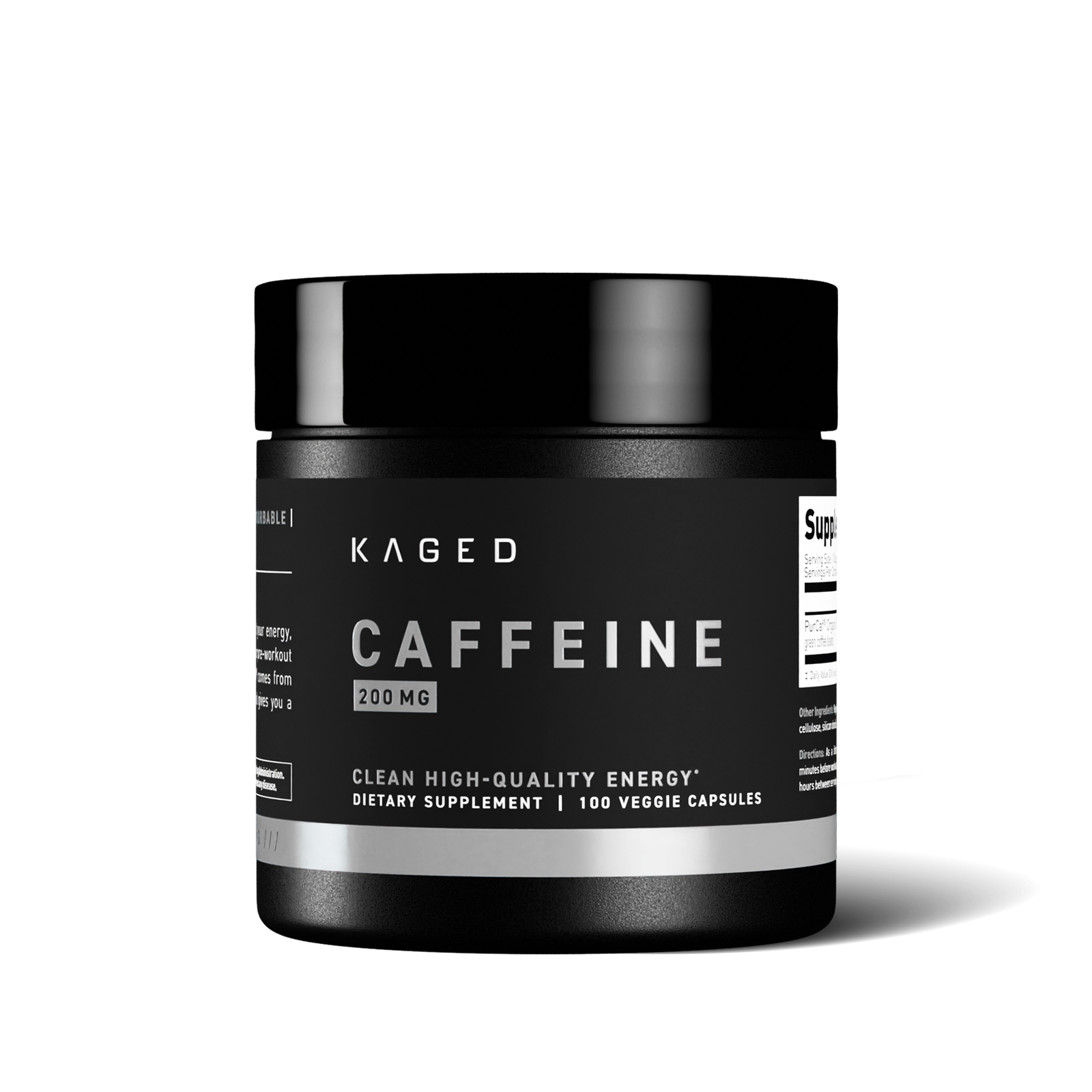 Front close-up of PurCaff Caffeine 200 mg supplement bottle showcasing Kaged label and 200 MG dose on black background