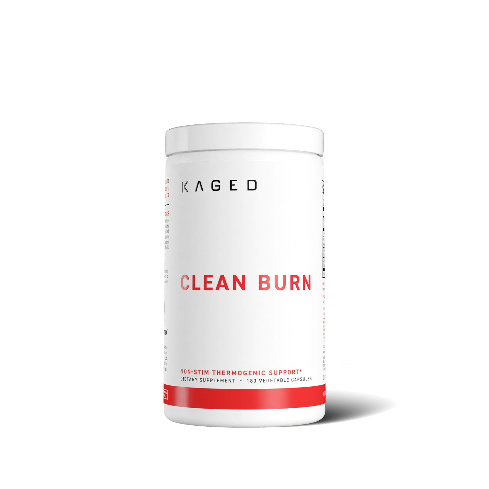 Front view of Clean Burn supplement bottle showcasing the 'CLEAN BURN' label, KAGED logo, and non-stim thermogenic support text on a white background