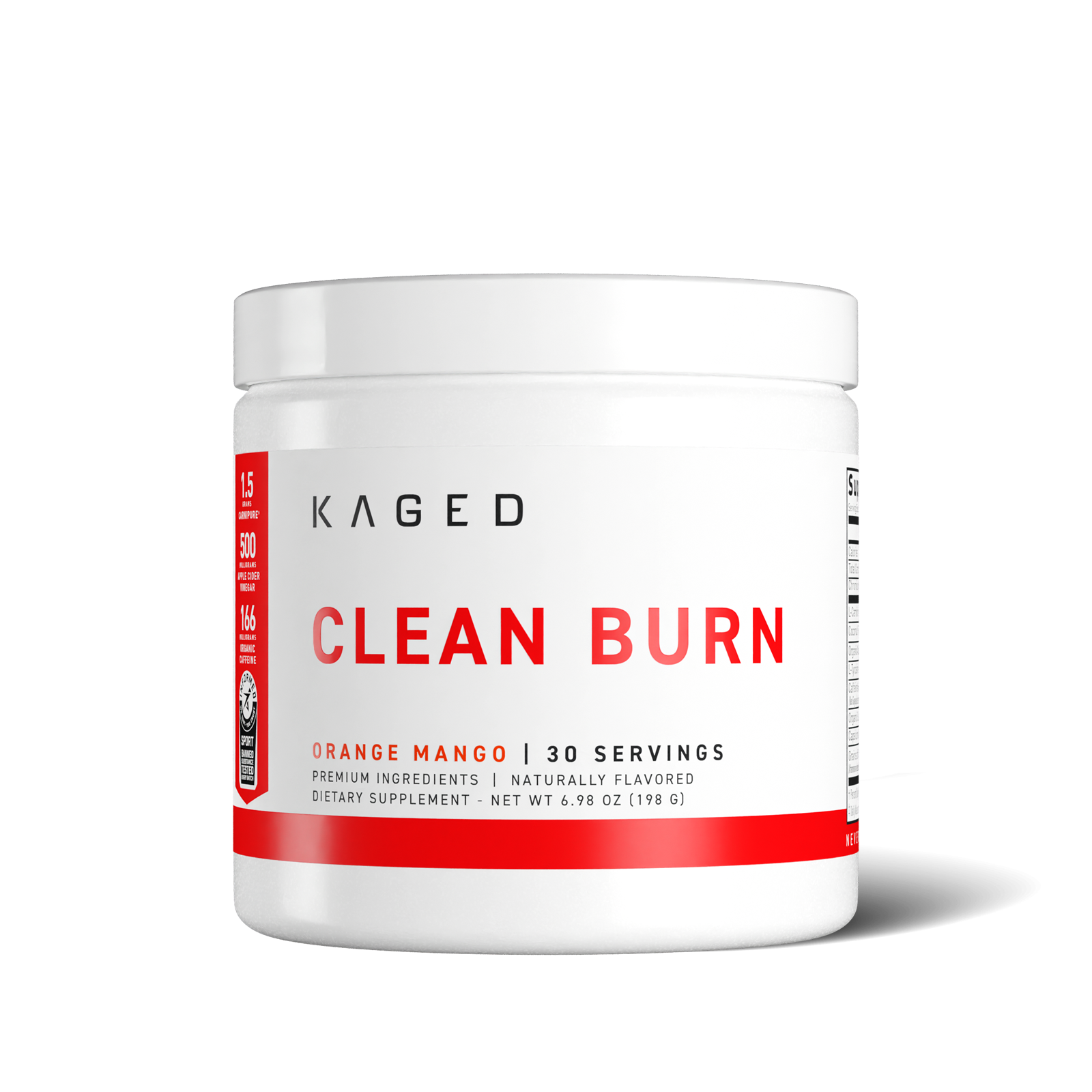 Front view of Clean Burn powder tub showcasing KAGED logo, large CLEAN BURN label and Orange Mango 30 servings flavor on white background #flavor_orange mango