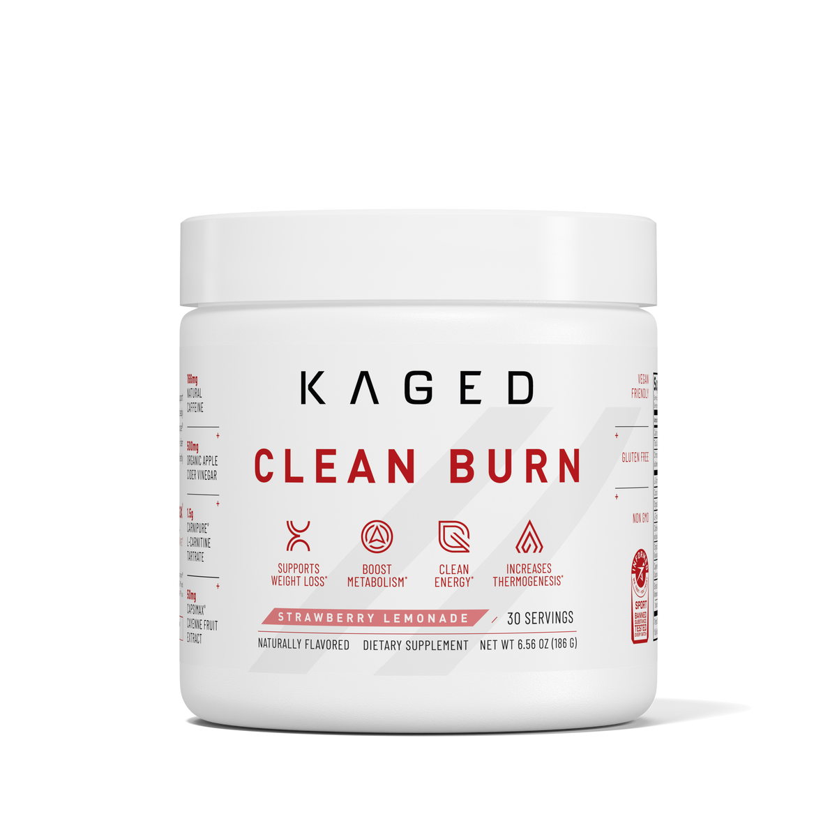Close front view of Clean Burn Powder tub showing large CLEAN BURN label and Strawberry Lemonade flavor on white background #flavor_strawberry lemonade