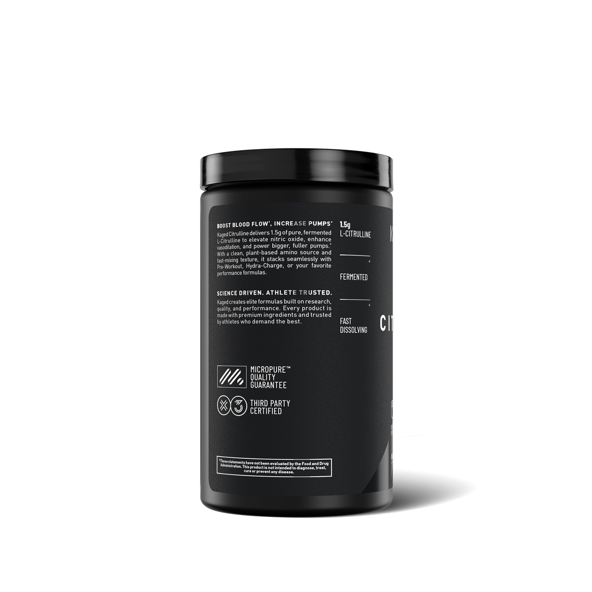 A black supplement tub with a black lid, shown from the back on a clean white background. The label features white text detailing ingredients, dosage, and brand features like 'Microshake Guarantee' and 'Thus Tastified.