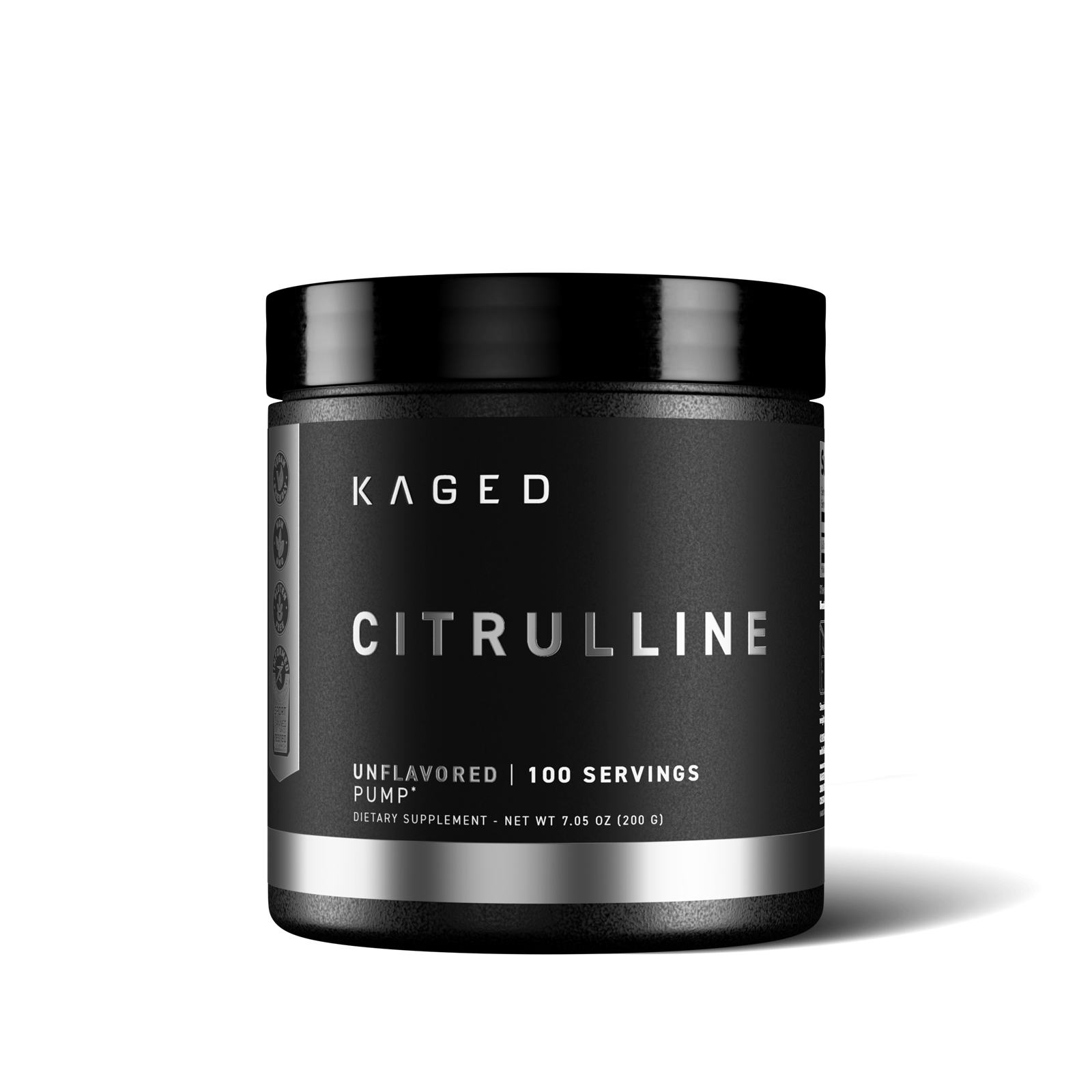 Front view of Kaged L-Citrulline jar showing label Citrulline, unflavored 100 servings, 200 g on black background