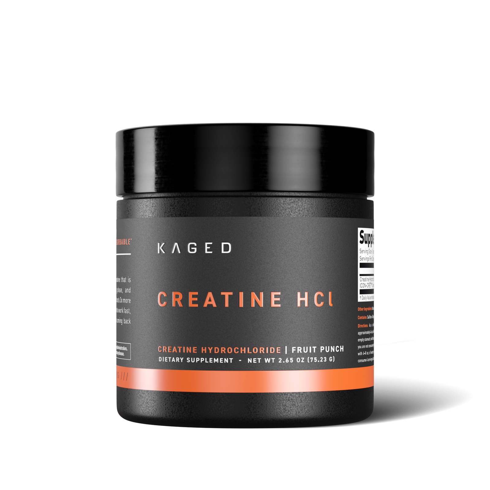 Front view of Kaged Creatine HCL tub showcasing label reading CREATINE HCL and Fruit Punch flavor on white background #flavor_fruit punch